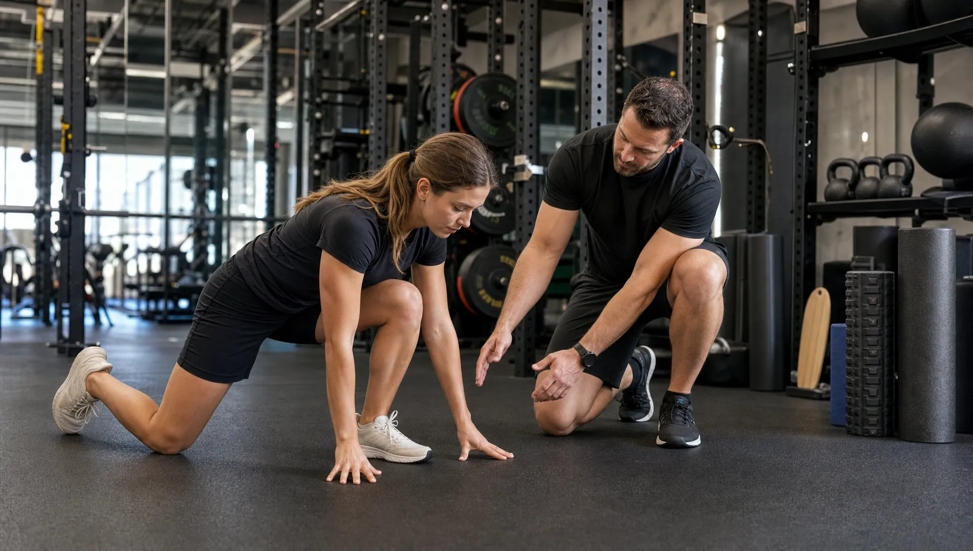 A coach reviews movement quality with a client on the training floor beside strength equipment and recovery tools.