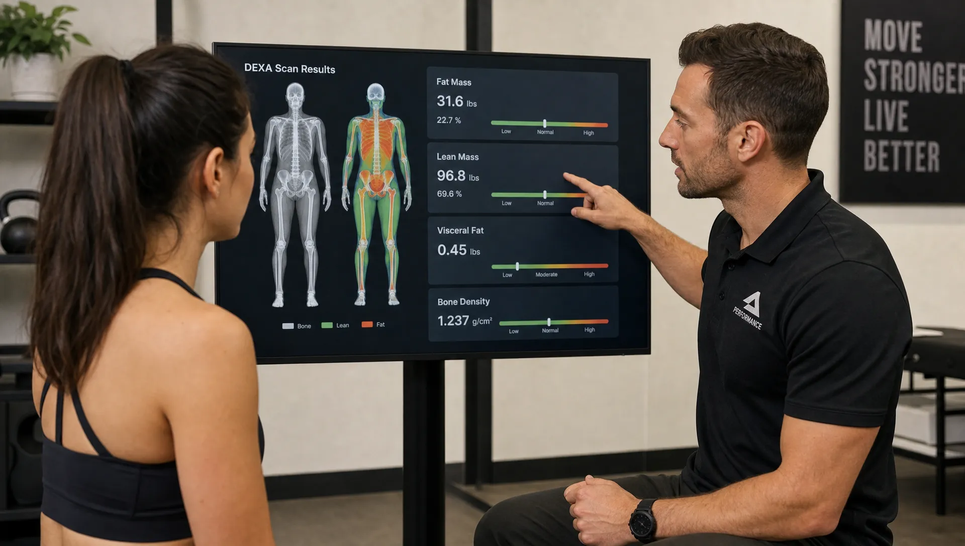 A fitness professional reviews DEXA results with a client on a screen, with fat mass, lean mass, visceral fat and bone density visible.