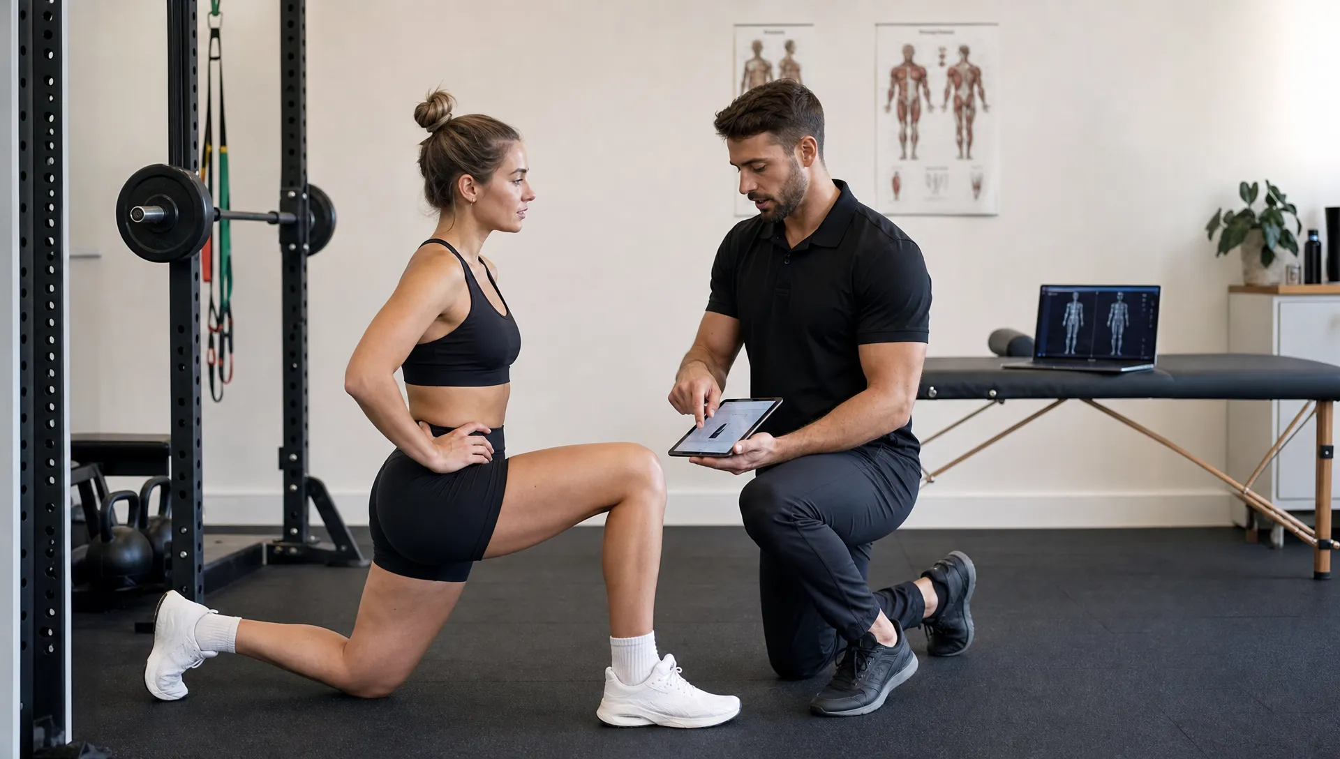 A coach reviews movement mechanics with a client in a private training studio, with strength equipment nearby and assessment tools in the background.
