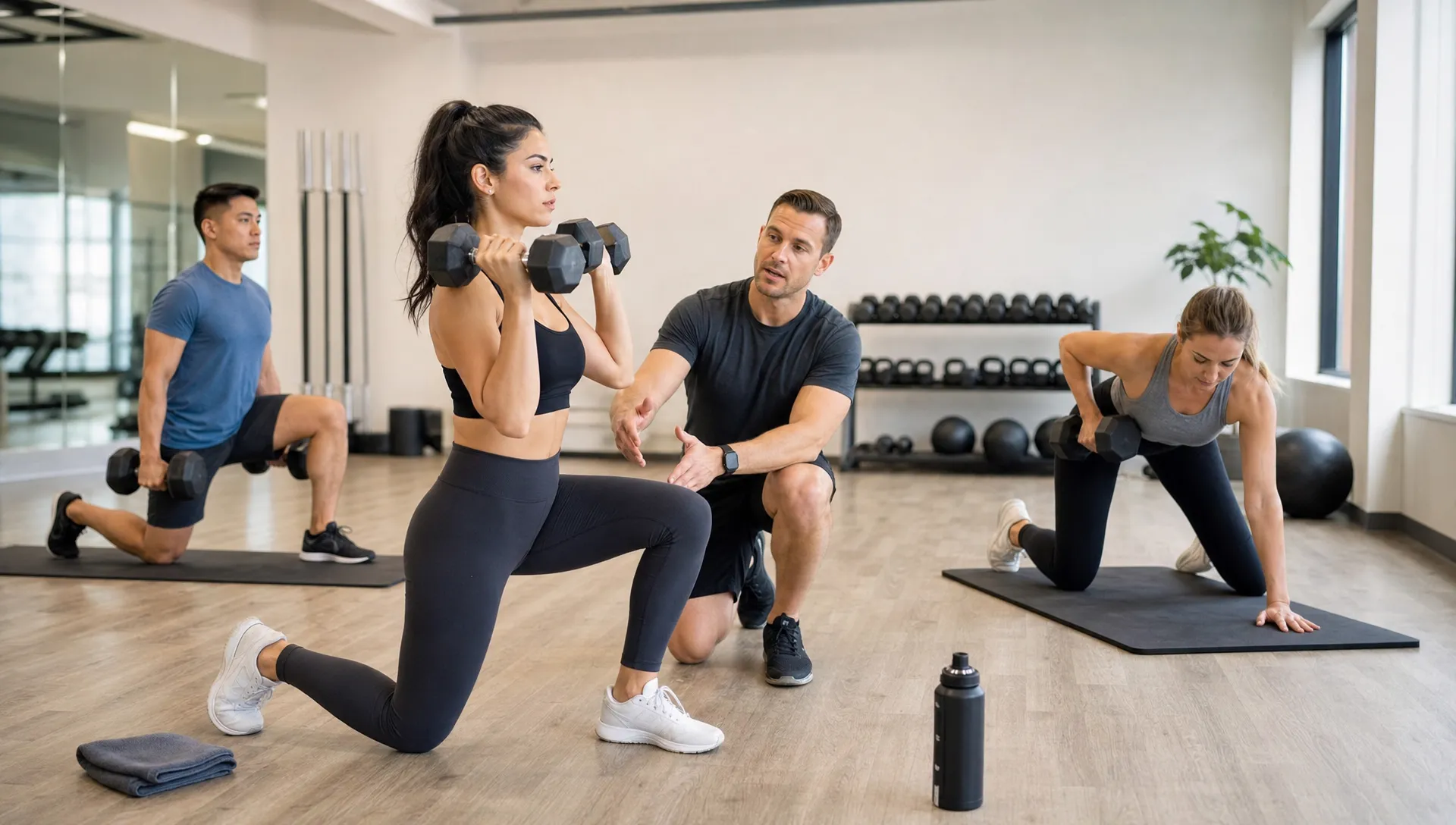 A small group in a bright training studio moves through coached classes with dumbbells, mats and open floor space while a trainer observes form and gives guidance.