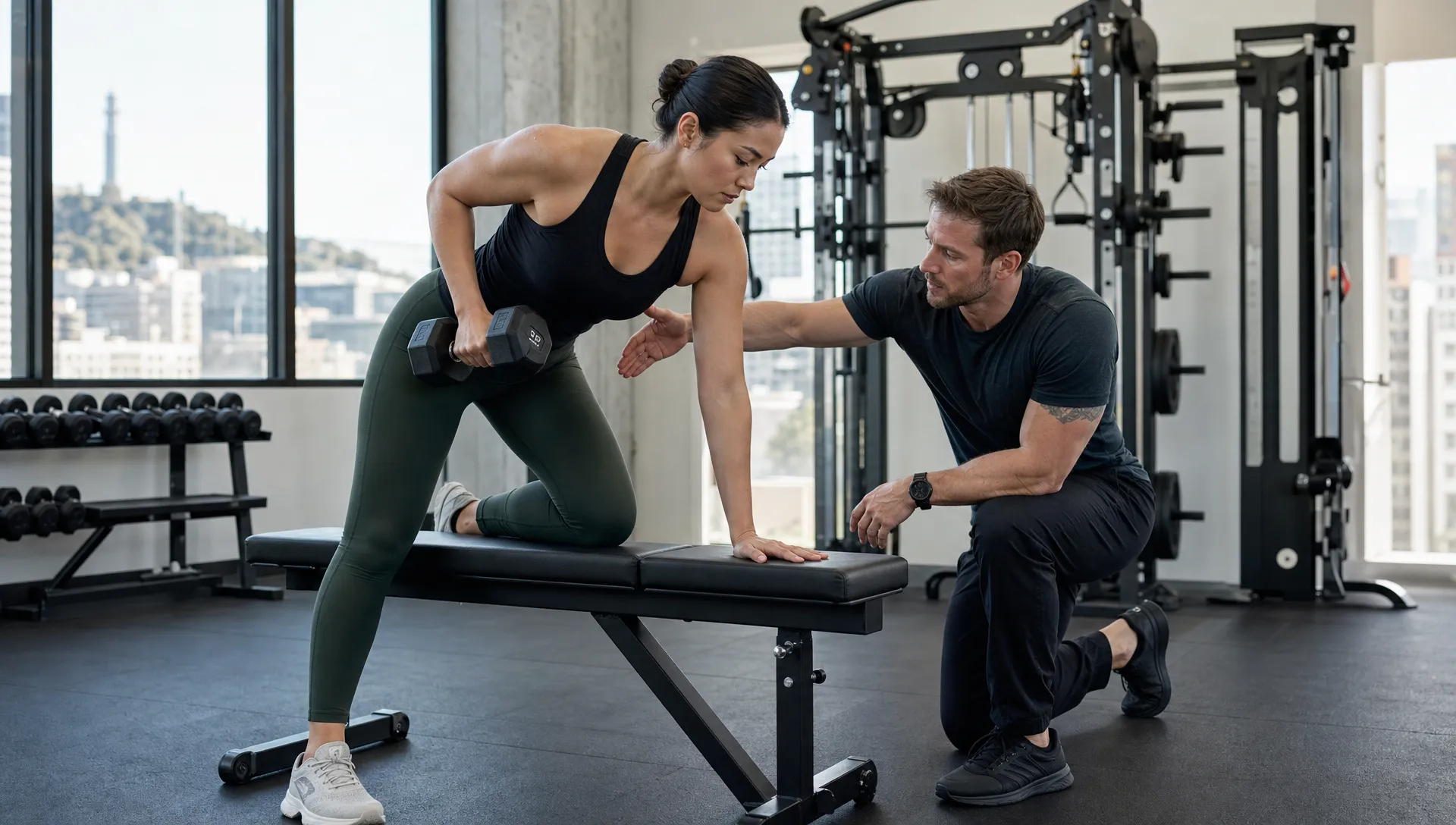 A client performs a strength movement while a personal trainer watches form and gives cues in a San Francisco studio.