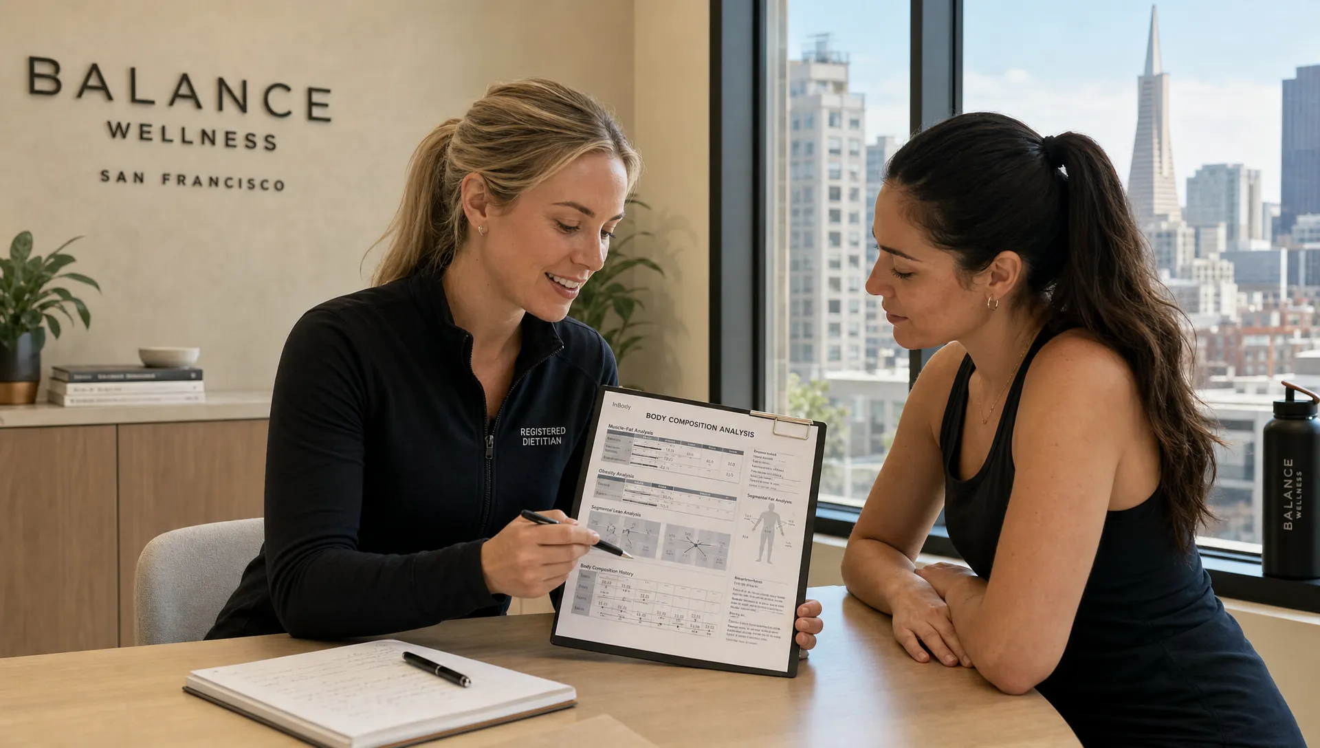 A Registered Dietitian and Exercise Physiologist review body composition results with notes in a San Francisco wellness studio.