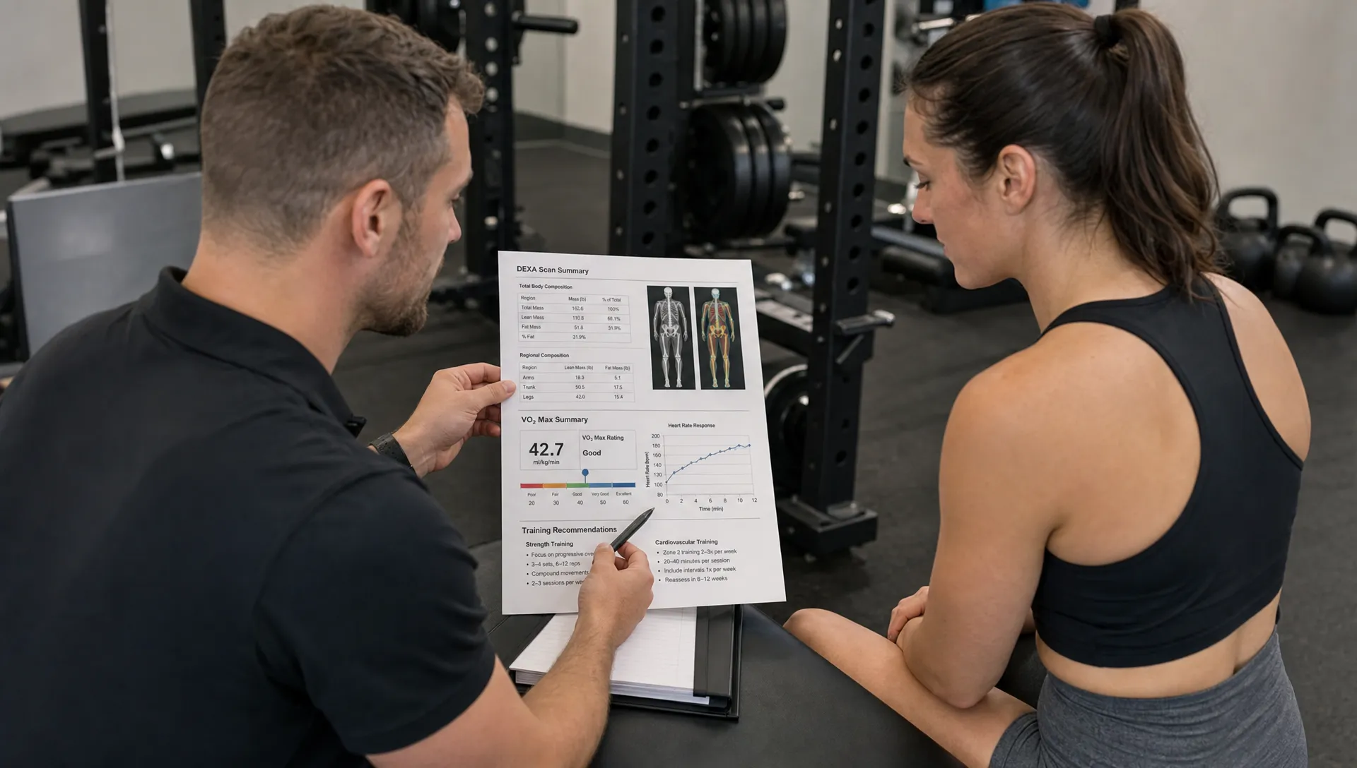 A trainer and client review a printed DEXA and VO2 max summary beside strength training equipment to choose the next phase of training.
