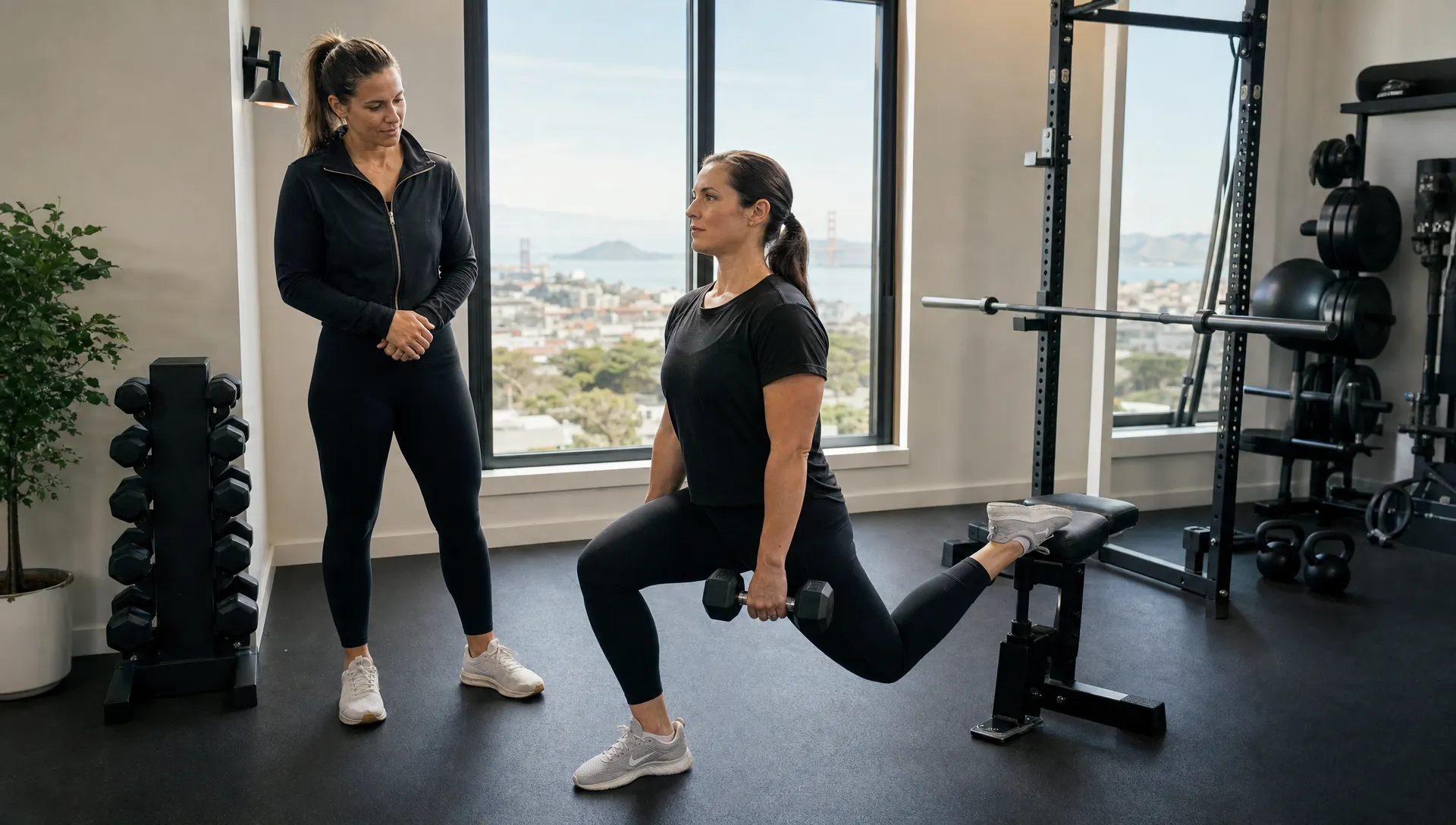 A trainer watches a client perform a controlled split squat in a private San Francisco studio, showing focused one on one personal training.