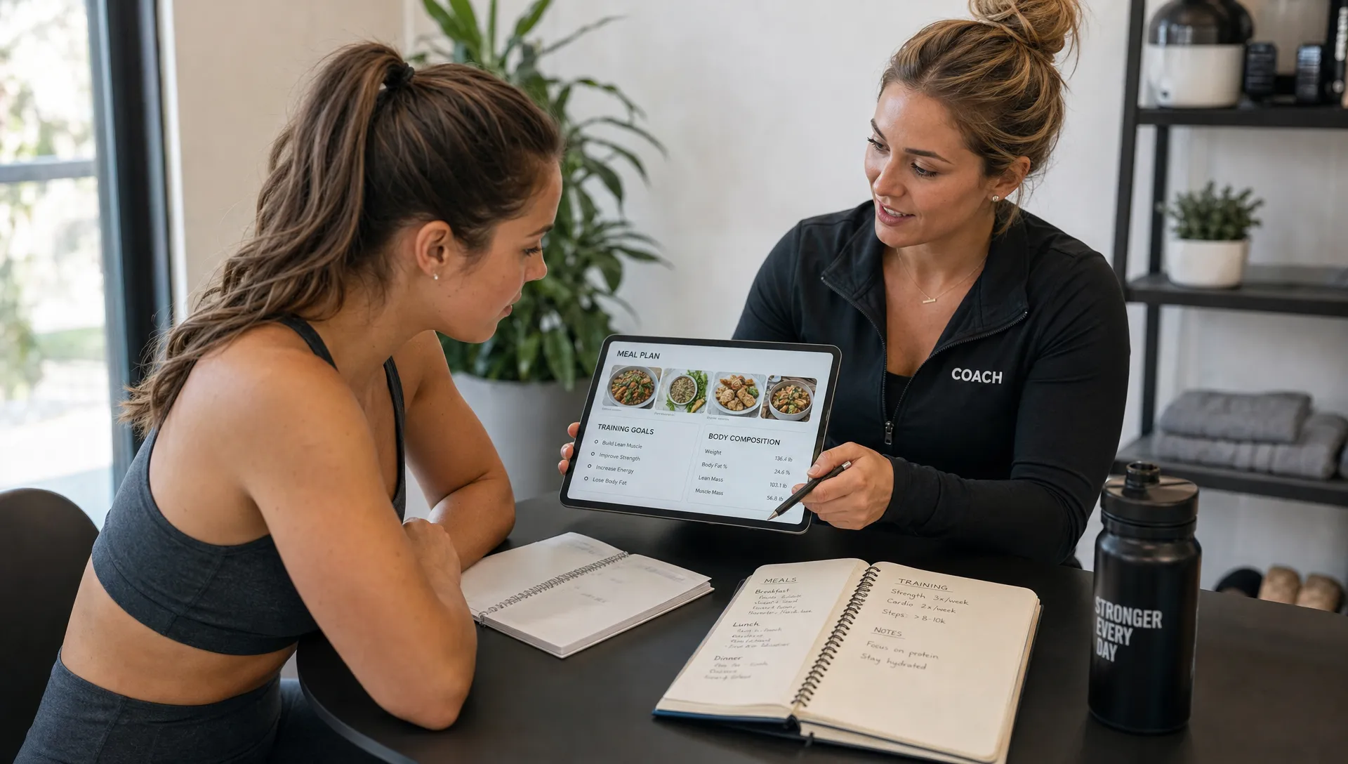 A nutrition coach and client review meals, training goals, and body composition notes at a small table.