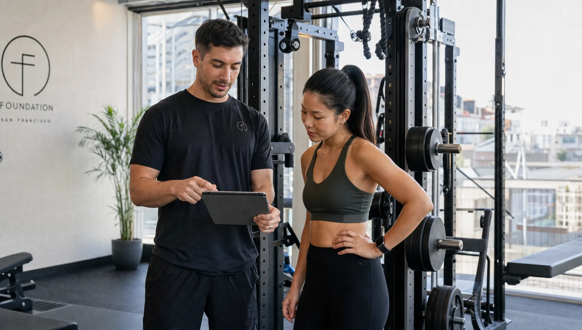 A coach reviews body composition and training goals with a client beside strength equipment in a San Francisco studio.