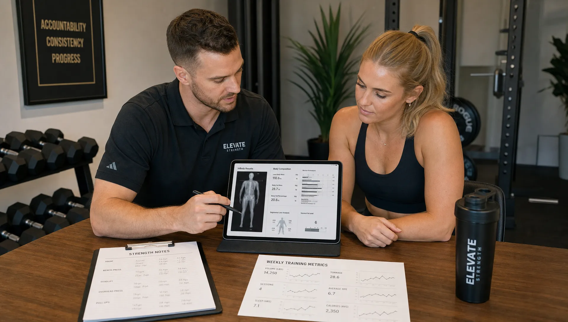 A coach reviews strength notes, DEXA body composition results, and weekly training metrics with a client in a private fitness studio.