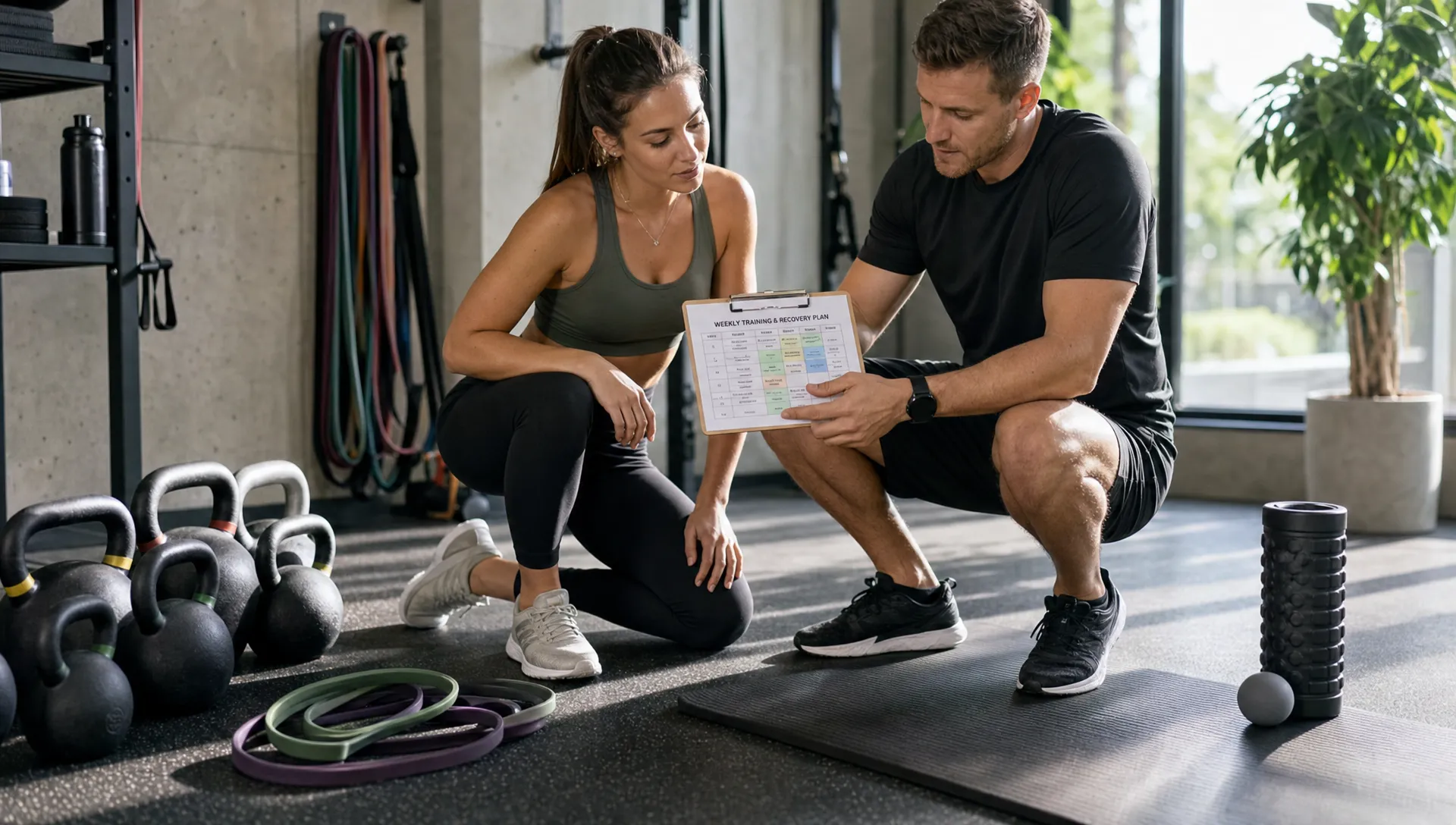 A coach and client review a weekly training and recovery plan beside kettlebells, resistance bands, and a recovery mat in a modern studio.
