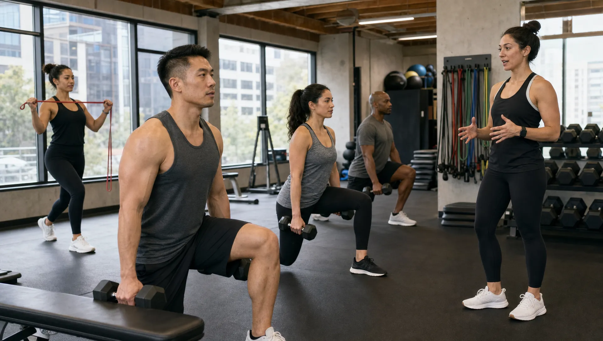 A coached group fitness session in a San Francisco studio shows adults using dumbbells, benches, and resistance bands with focused attention.