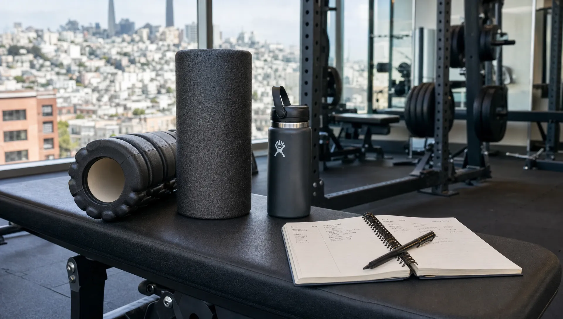A bench in a San Francisco gym holds foam rollers, a water bottle, and a training notebook for planning recovery between workouts.