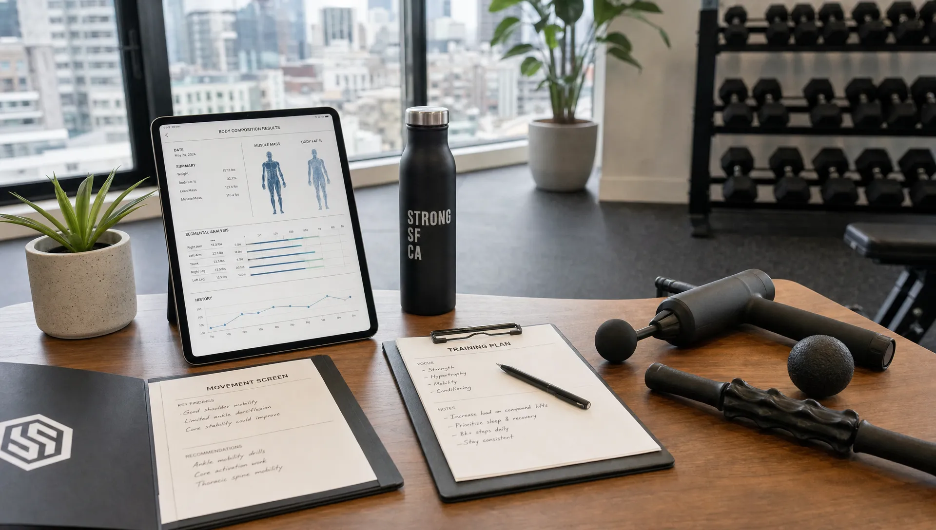 A consultation table with body composition charts, training notes, and recovery tools in a San Francisco fitness studio.