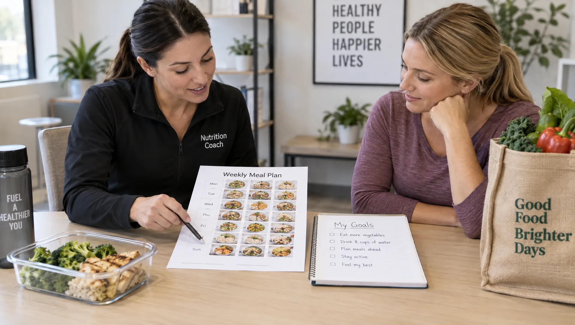 A coach and adult client review a weekly meal routine and handwritten goals across a consultation table, with a lunch container and grocery bag nearby.