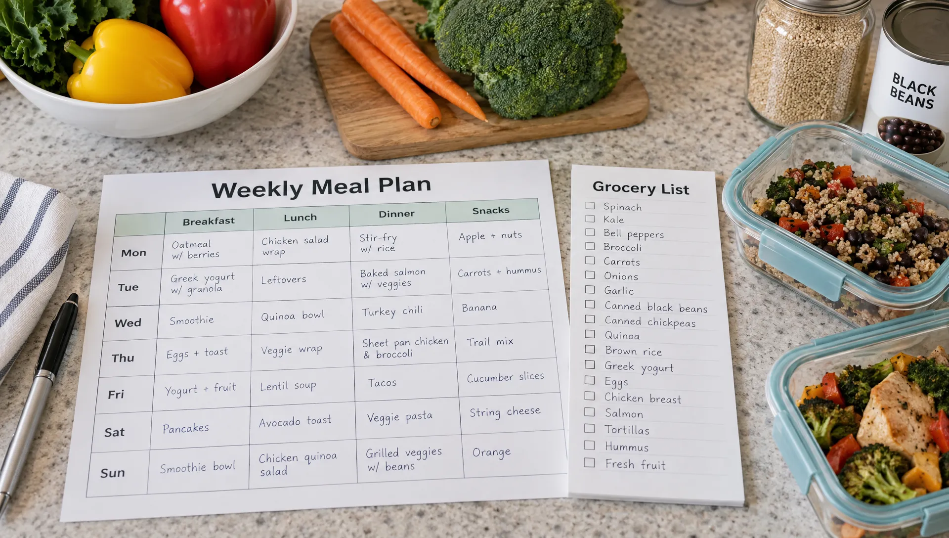 A weekly meal-planning worksheet and short grocery list sit beside reusable lunch containers, vegetables, and beans on a home kitchen counter.