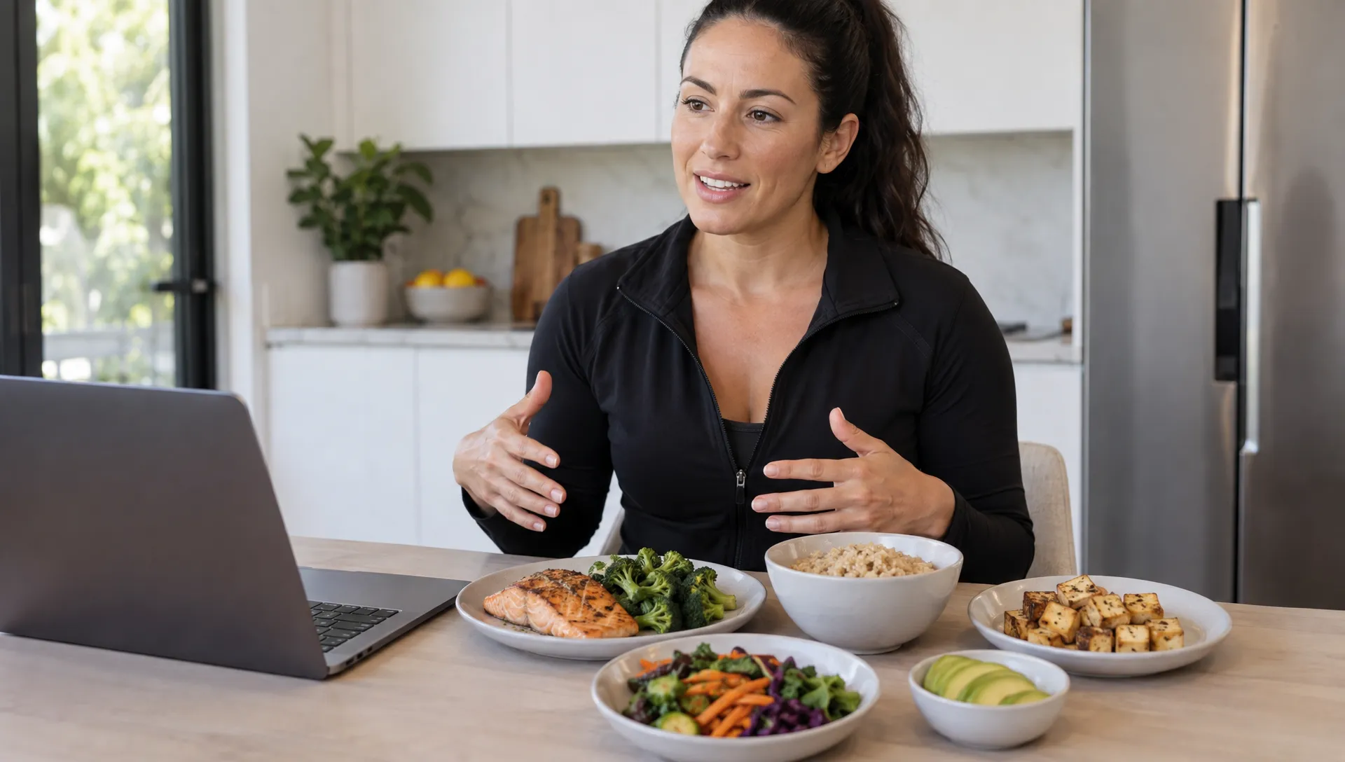 Plates of salmon, tofu, rice, vegetables, and avocado sit together as a macro coach discusses how meal components fit into an eating pattern.