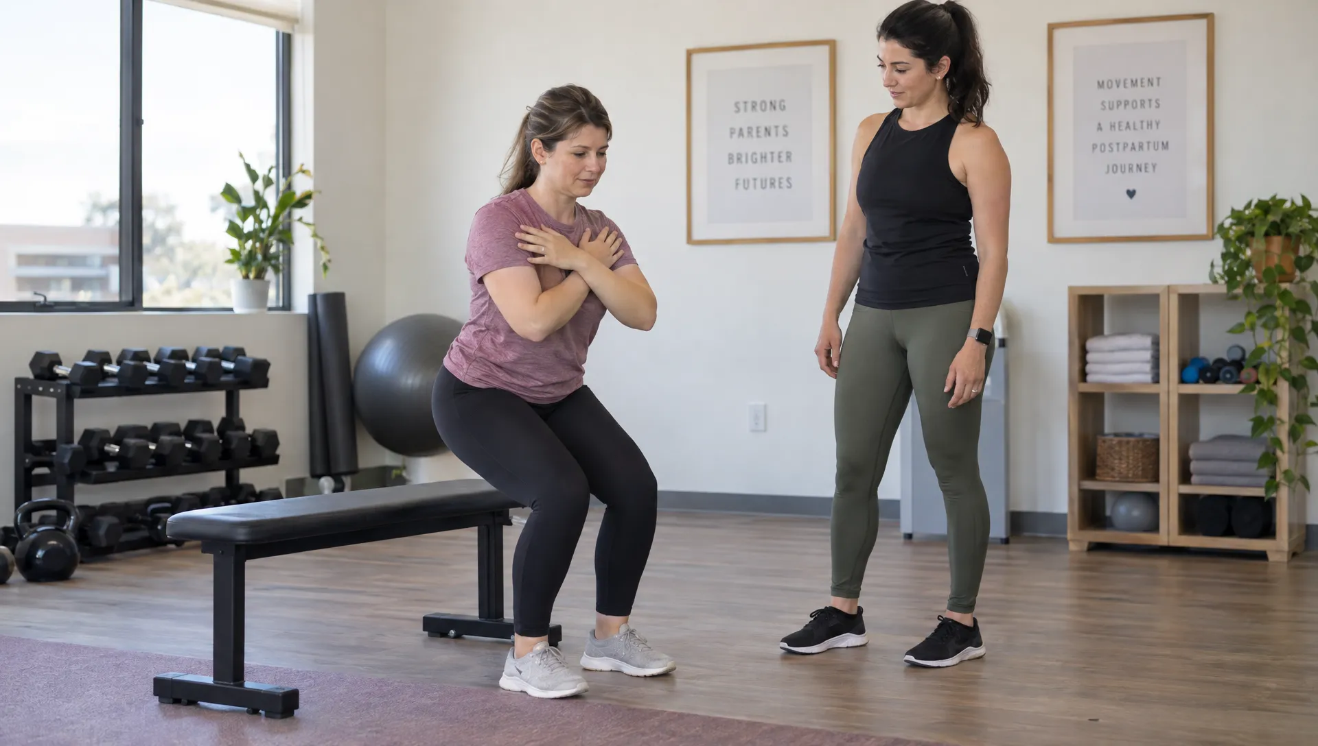 A postpartum trainer observes an adult parent practicing a supported sit-to-stand beside a stable bench on the studio floor.
