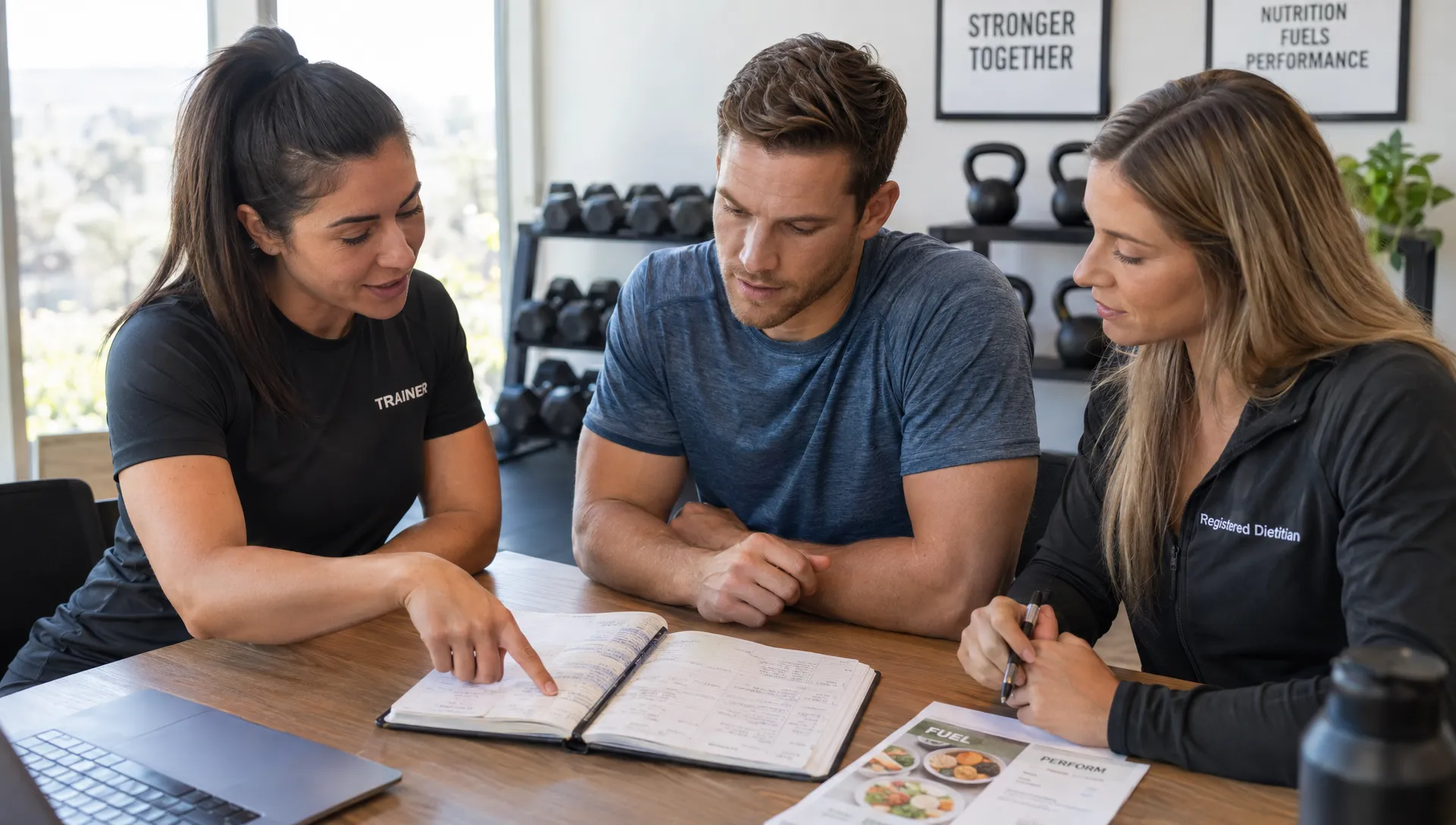 A trainer and registered dietitian examine a client's workout log and meal notes together during a coaching session, relating the records to progress and recovery.