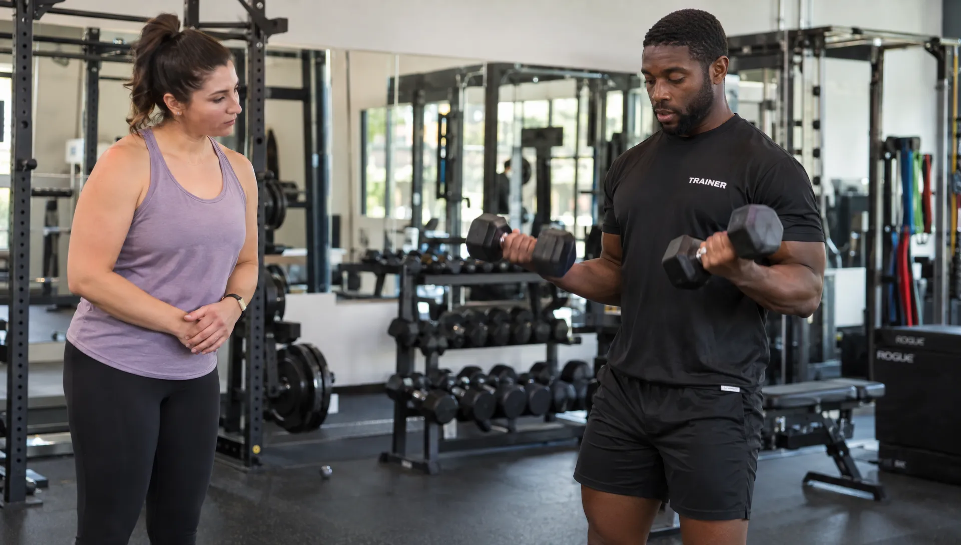 A prospective client watches a trainer demonstrate a controlled dumbbell exercise during an in-person fitness studio visit.