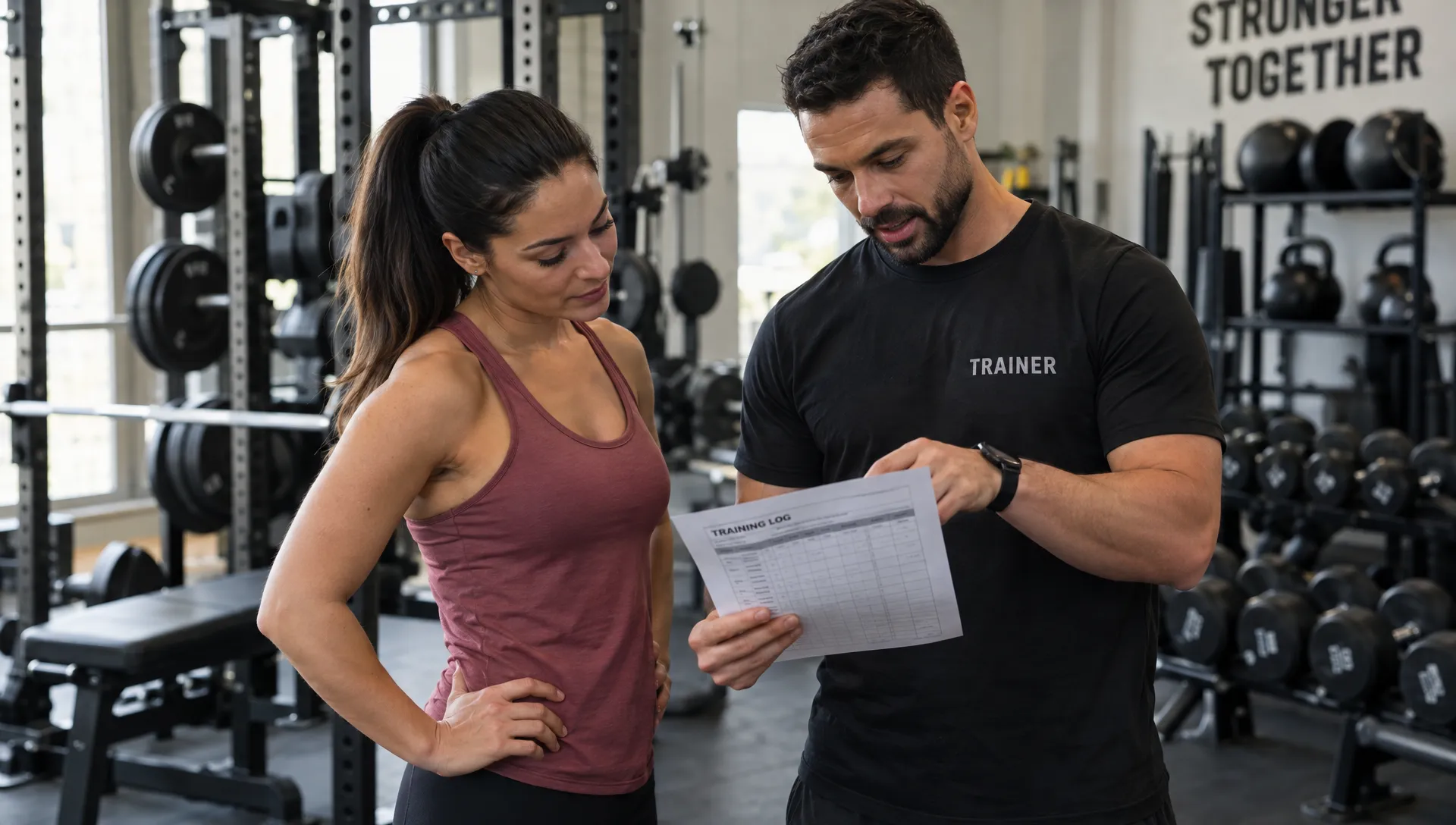 A trainer and client look over a printed training log beside strength equipment, discussing progress and possible changes to the plan.
