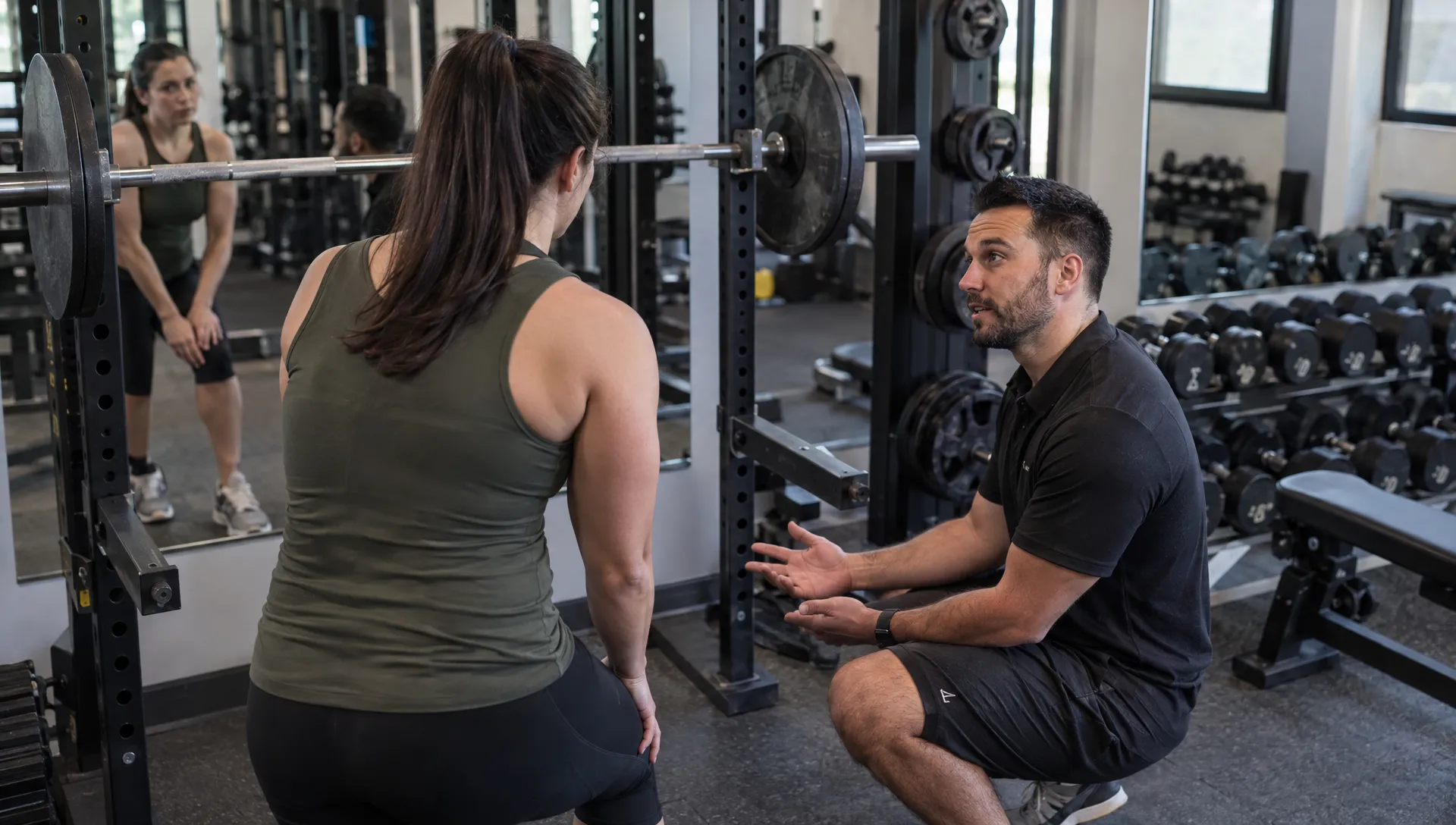 A trainer listens to a client describe knee discomfort beside a racked squat bar during a paused personal training session.