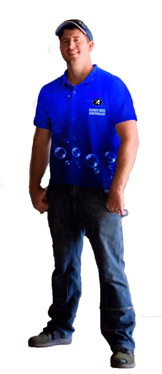 Man wearing a blue polo shirt with 'Basement Water Controlled' logo and jeans, standing and smiling.