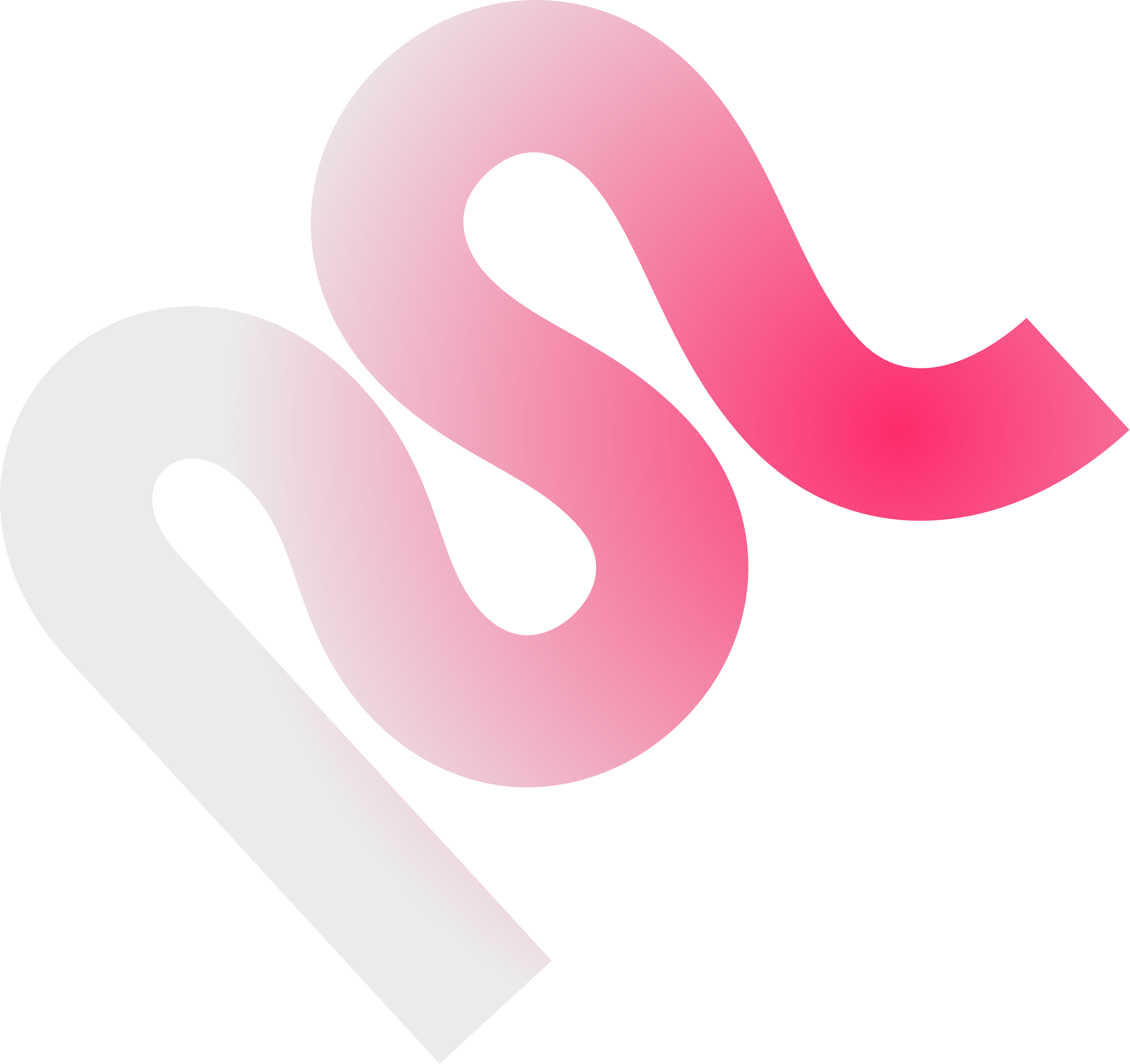 Stylized abstract design with two flowing, curved ribbon shapes forming an 'S' like pattern, fading from white to pink gradient on a transparent background.