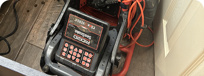 A Ridgid SeeSnake micro system, a compact inspection camera device, placed on a wooden floor next to a red-handled tool and some cables.