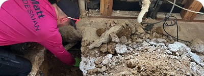 A person in a pink shirt labeled MATT TADESMAN is working on removing or inspecting dirt and debris inside a partially exposed floor or wall cavity with various pipes and wooden beams visible.