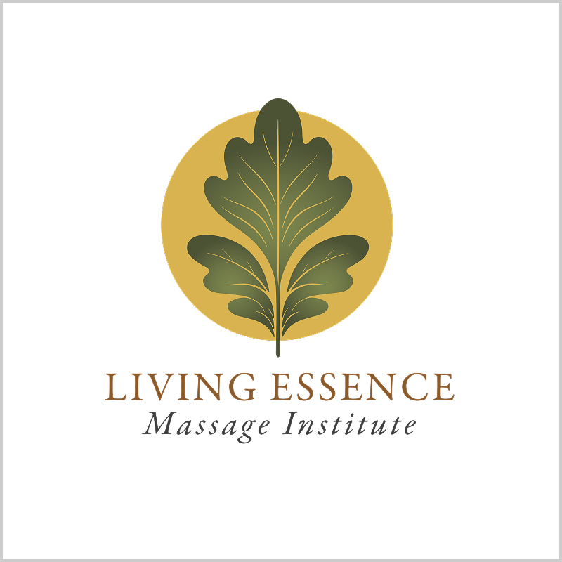 Logo of Living Essence Massage Institute featuring stylized green leaves inside a golden circle.