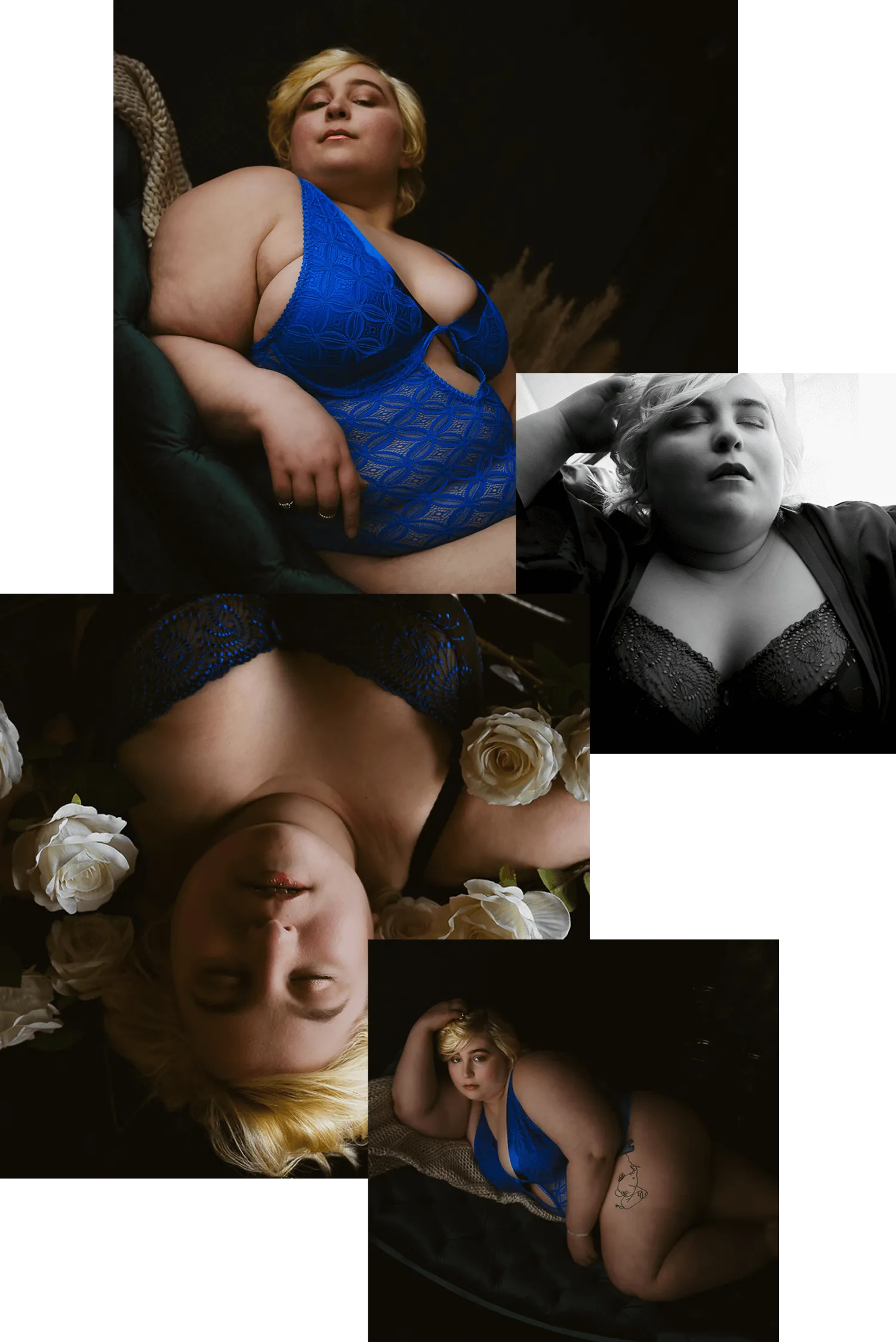 Collage of confident plus sized model boudoir session