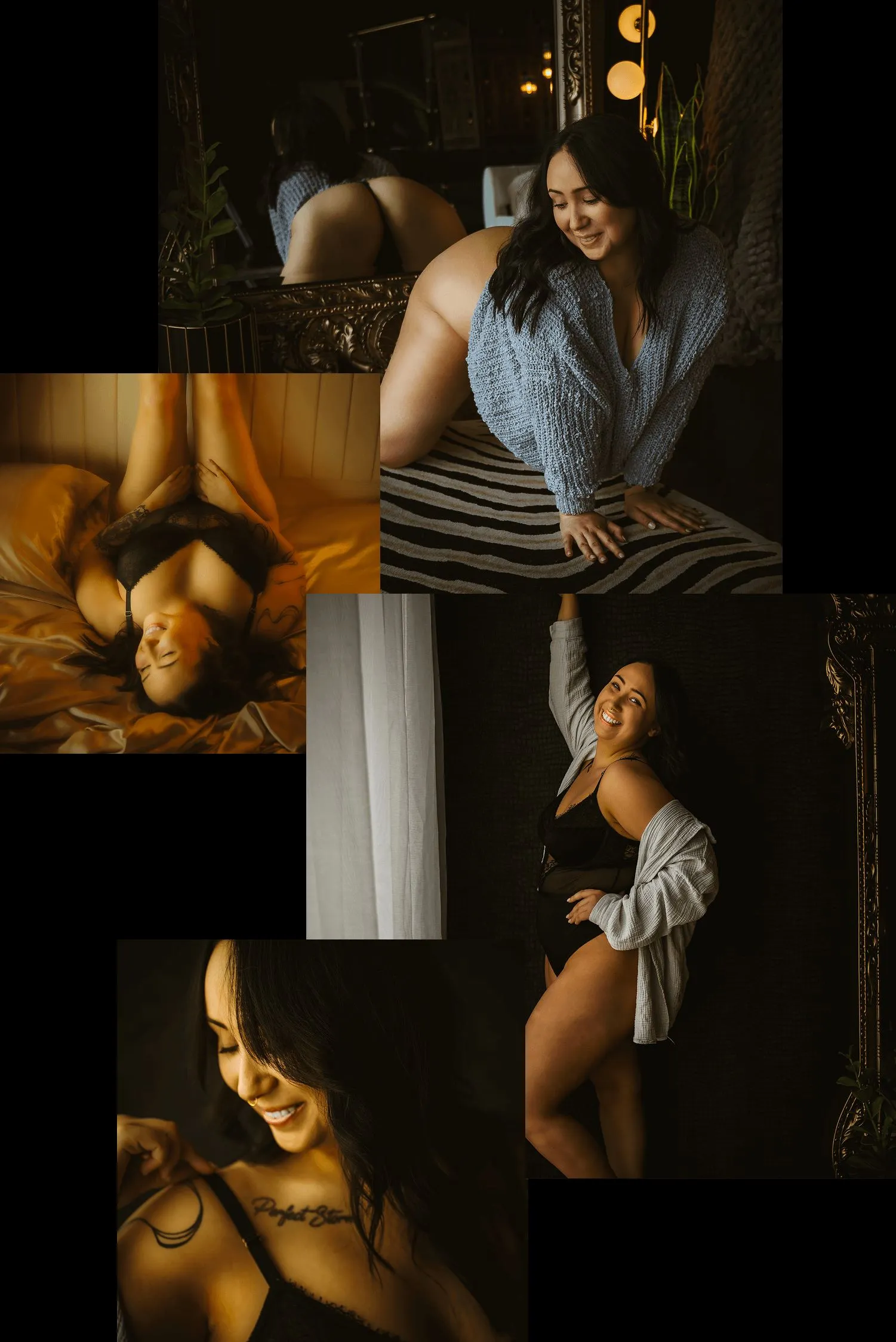 Collage of transformative boudoir session, confidant woman smiling in black lingerie.