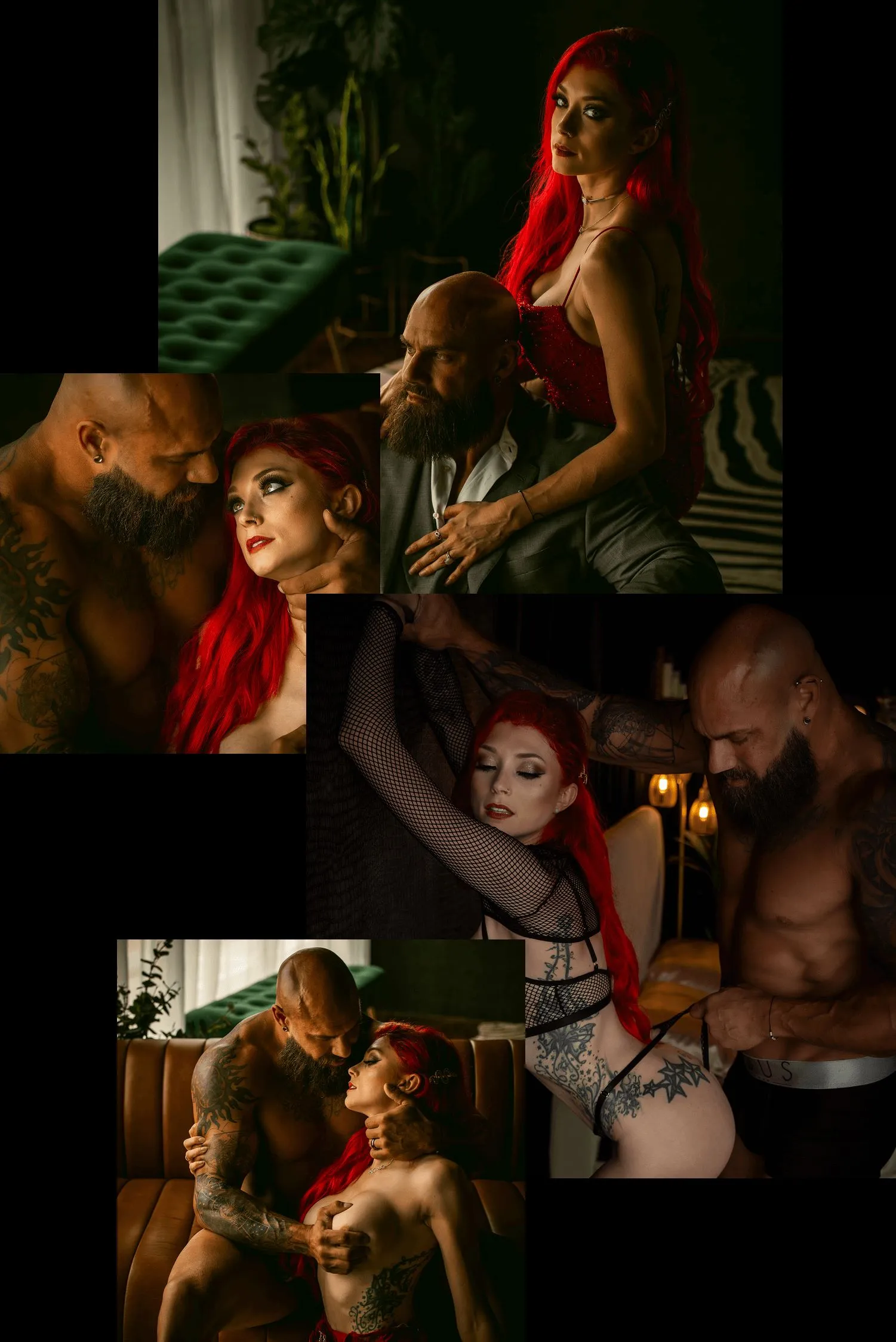 Collage of tattooed couple's boudoir session. Muscular, bearded man posing with empowered redheaded wife. Collage transitions from date-night suite and dress, to implied nude. 