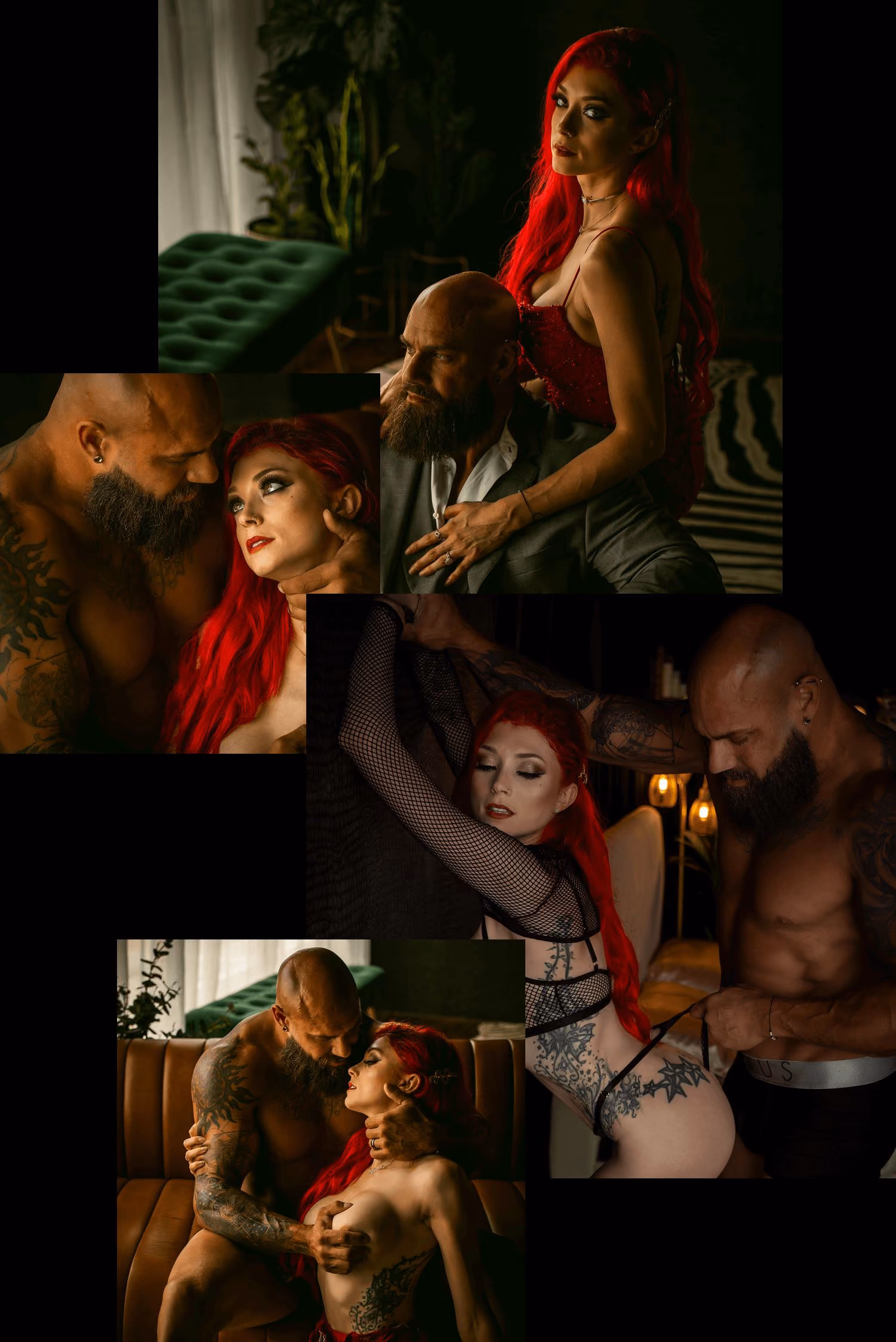 Collage of a couple's boudoir session with a bearded man and a red-haired woman, moving from date-night looks to a soft implied finish.
