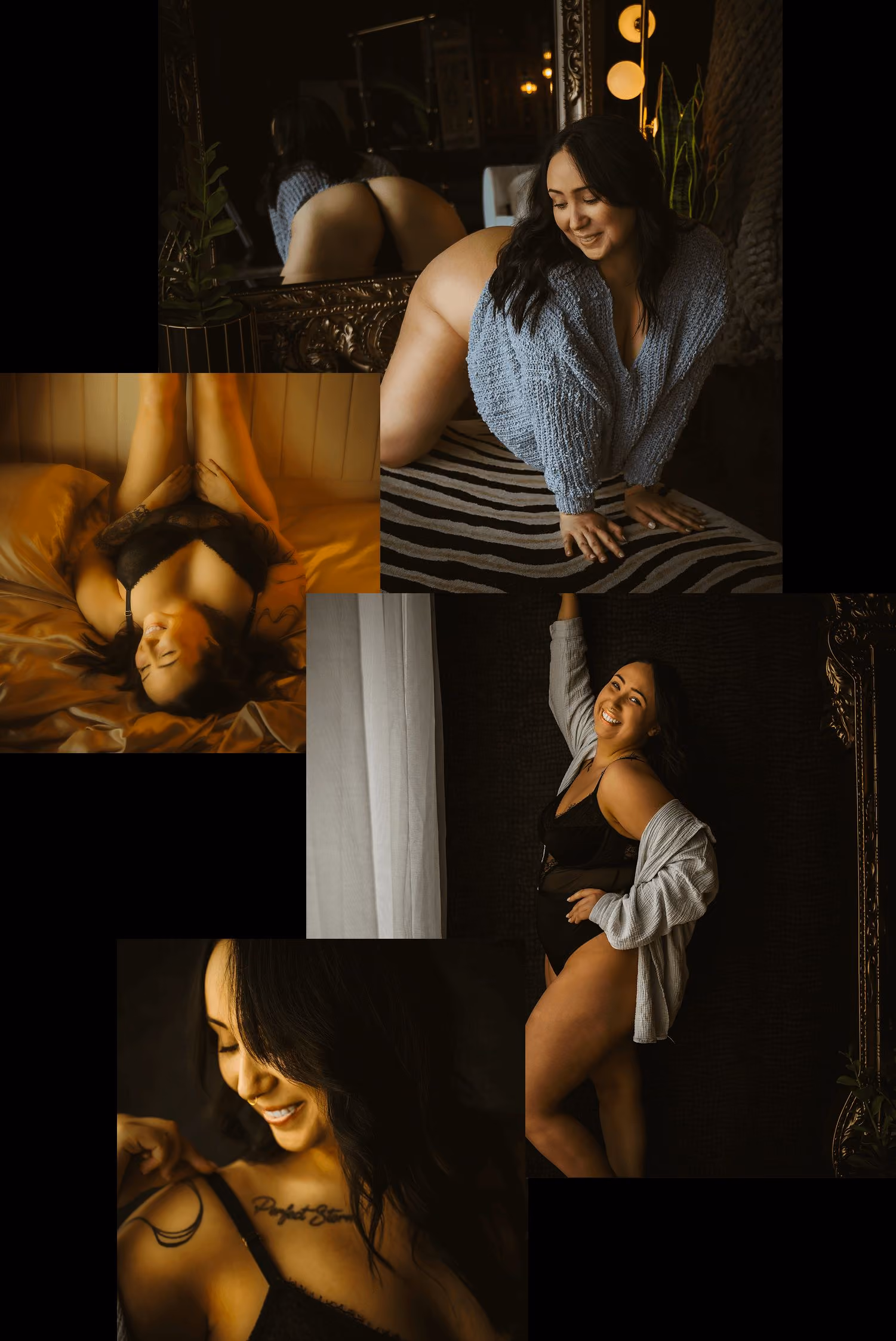 Collage of a boudoir session, woman smiling in black lingerie.