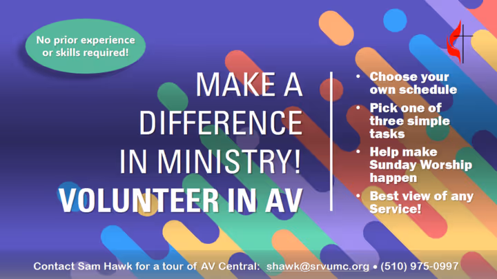 A graphic that says "Make a difference in ministry! Volunteer in A/V!"