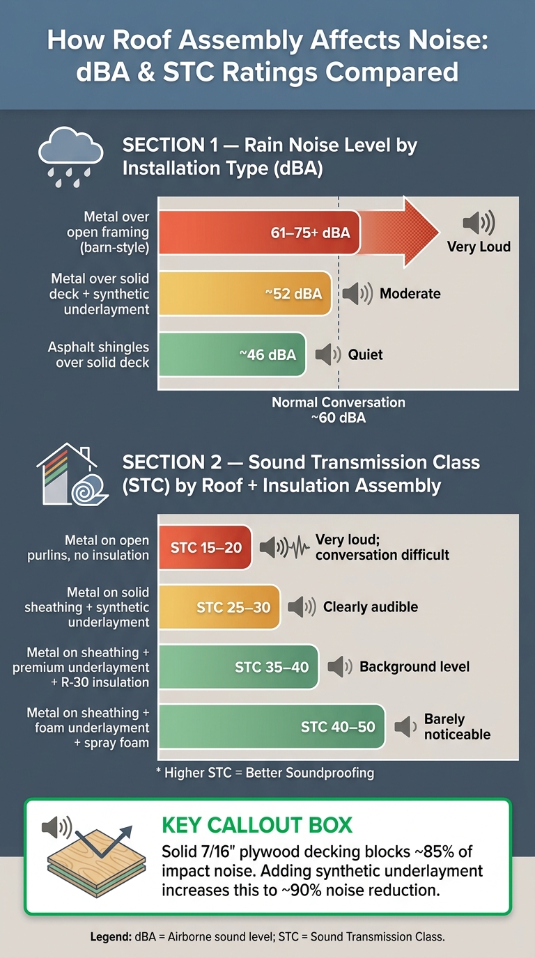 Metal Roof Noise Levels by Installation Type & Assembly (dBA vs STC)