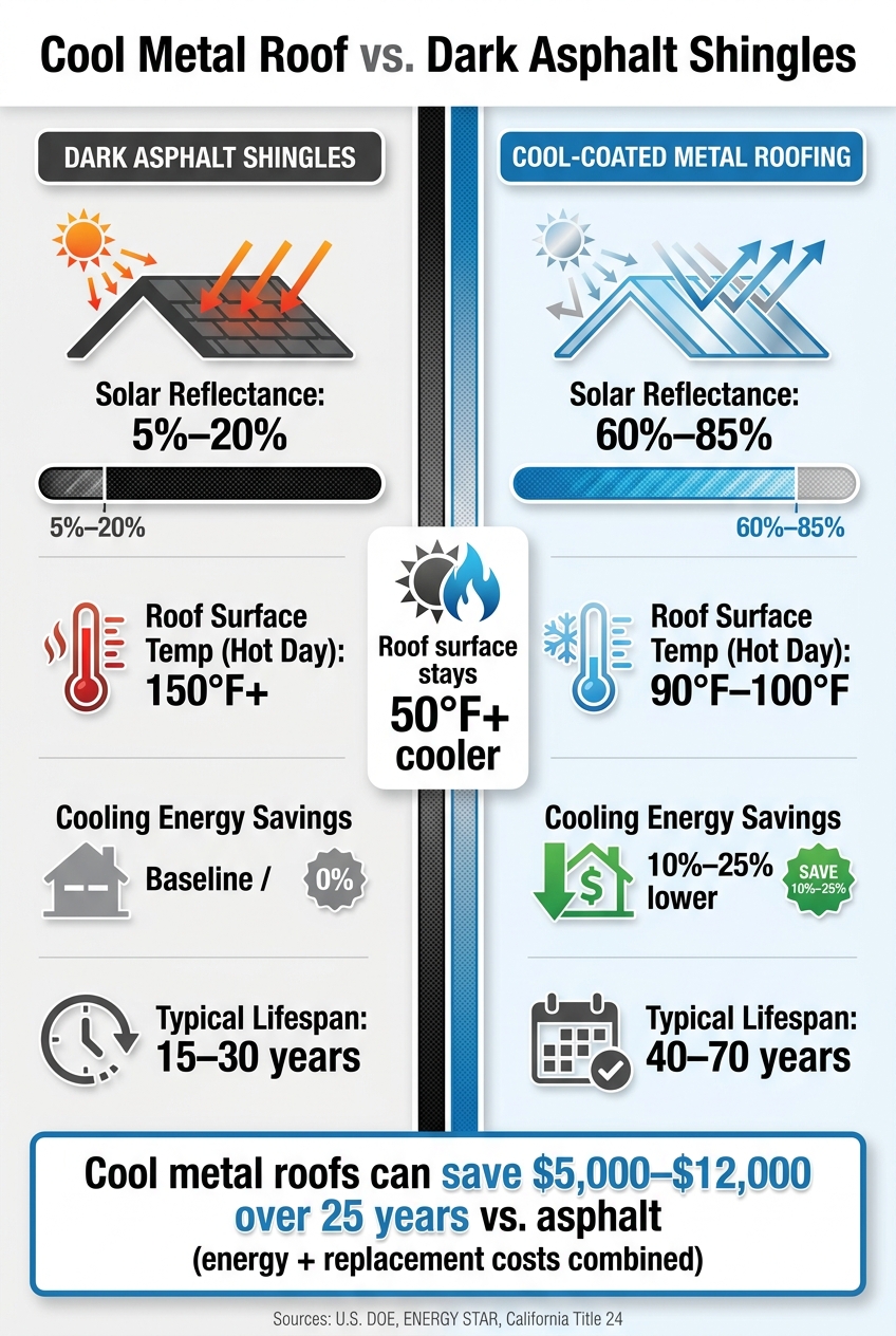Cool Metal Roof vs. Dark Asphalt Shingles: Energy & Cost Comparison
