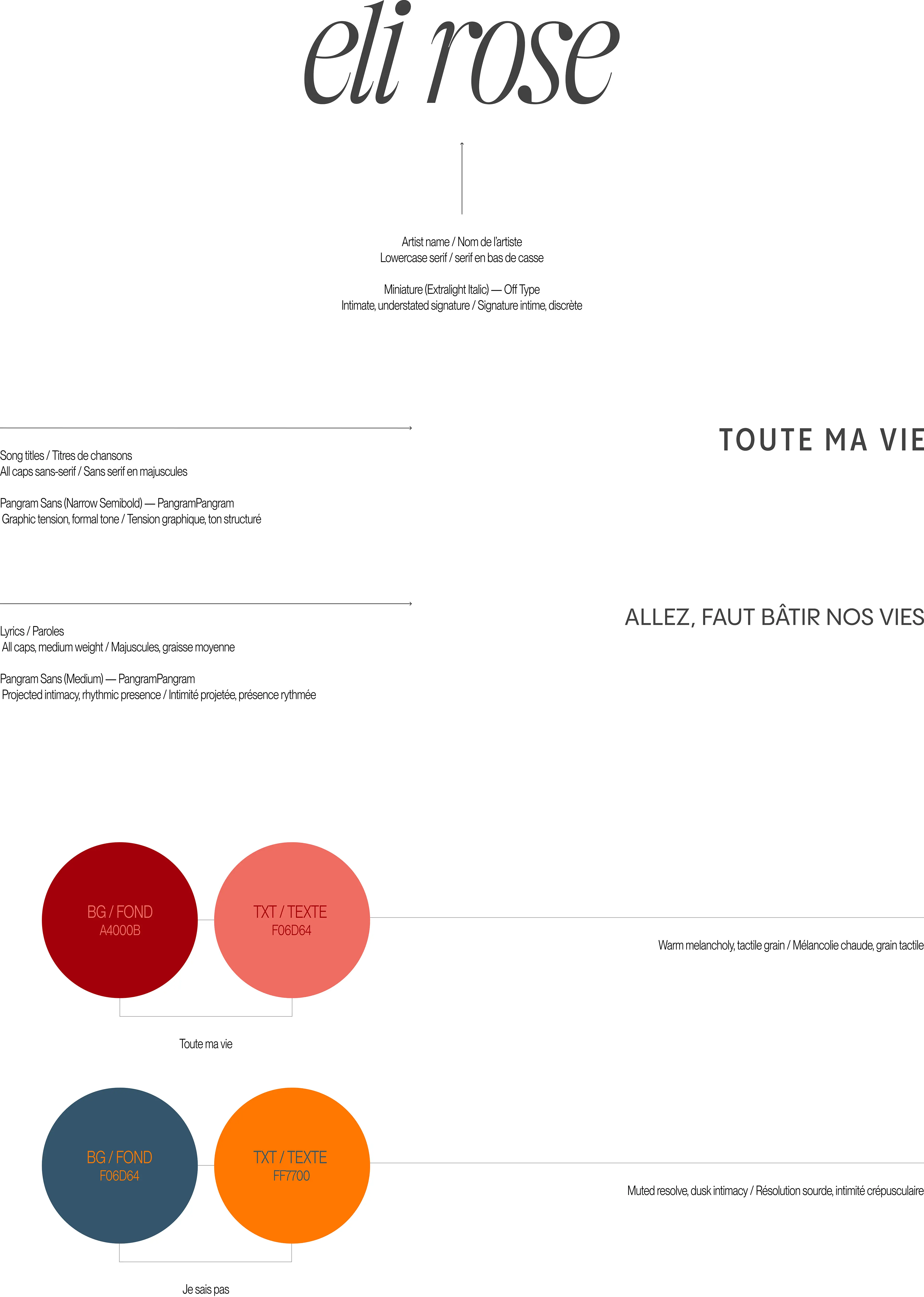 Typography and color system for Eli Rose single releases. Includes artist name, song title, and lyric font specifications with bilingual descriptors, alongside paired color palettes per release. / Système typographique et chromatique des parutions d’Eli Rose. Inclut les polices pour le nom d’artiste, les titres et les paroles avec descriptions bilingues, accompagnées des palettes par parution.