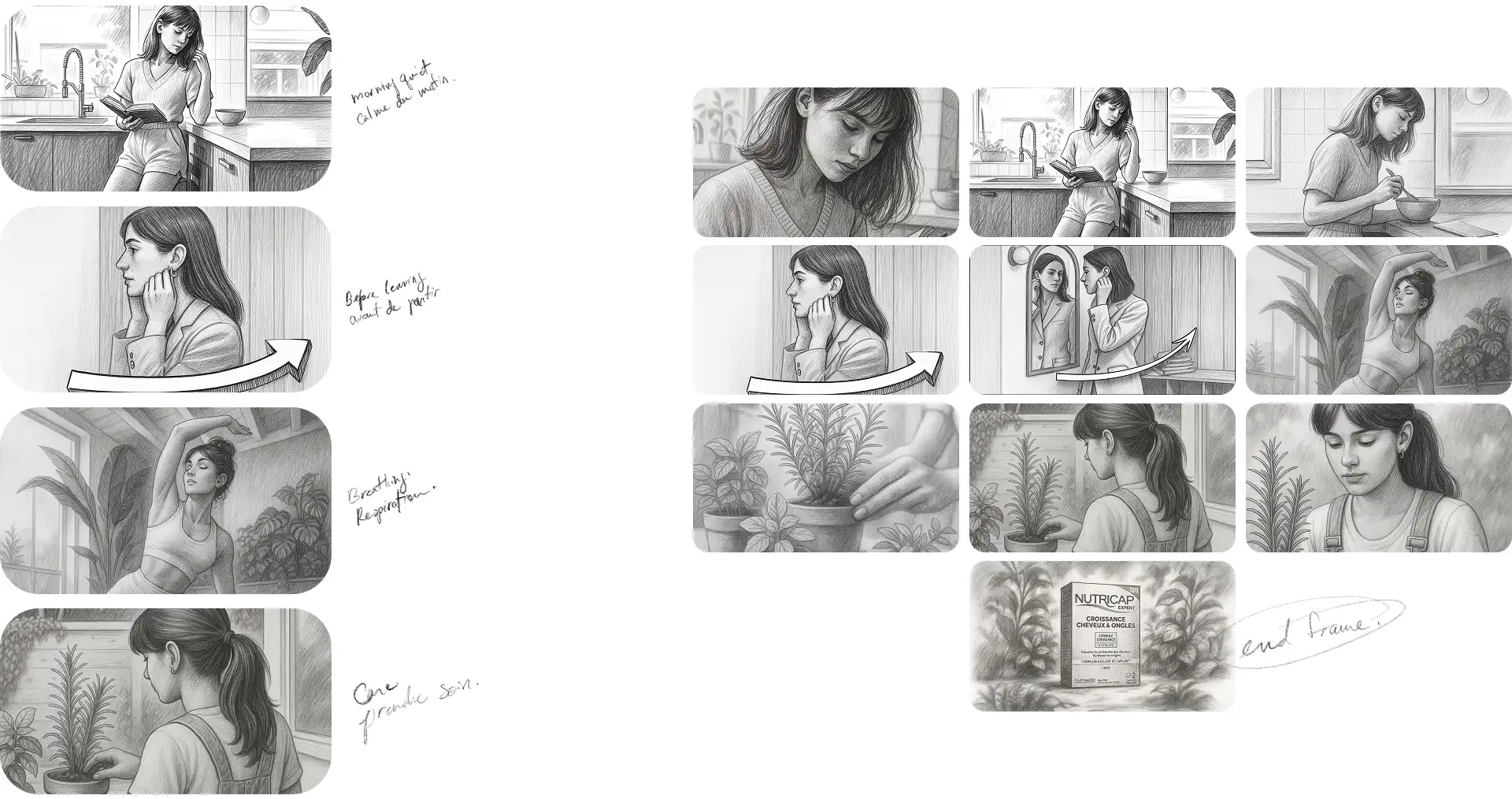 Storyboard illustrations for “La Force,” depicting four everyday rituals—reading in the kitchen, preparing to leave, practicing yoga, and caring for plants—annotated with minimal handwritten notes in both English and French. / Illustrations de storyboard pour « La Force », montrant quatre rituels du quotidien — lecture dans la cuisine, préparation avant de partir, pratique du yoga et soin des plantes — accompagnées de notes manuscrites minimalistes en anglais et en français.