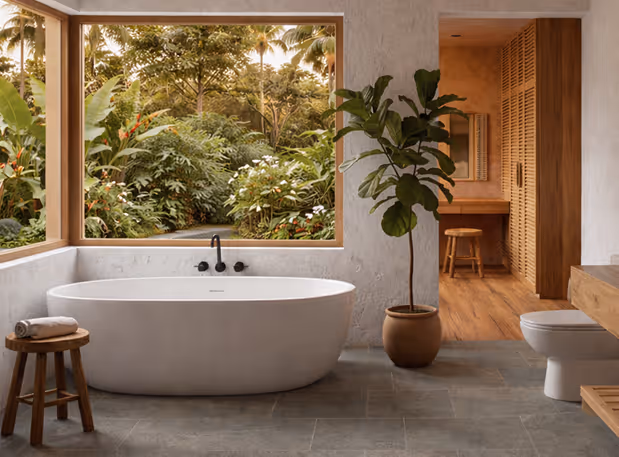 Svasa Luxury Villa comes with a modern bathroom with a white freestanding bathtub, large window showing lush green tropical plants, wooden stool with folded towel, potted plant, and toilet.