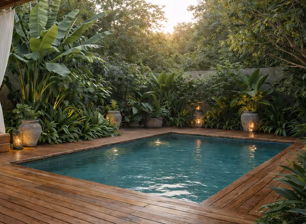 Svasa Luxury Villa near Pondicherry comes with a rectangular pool surrounded by wooden decking and lush tropical plants with soft ambient lighting at dusk.