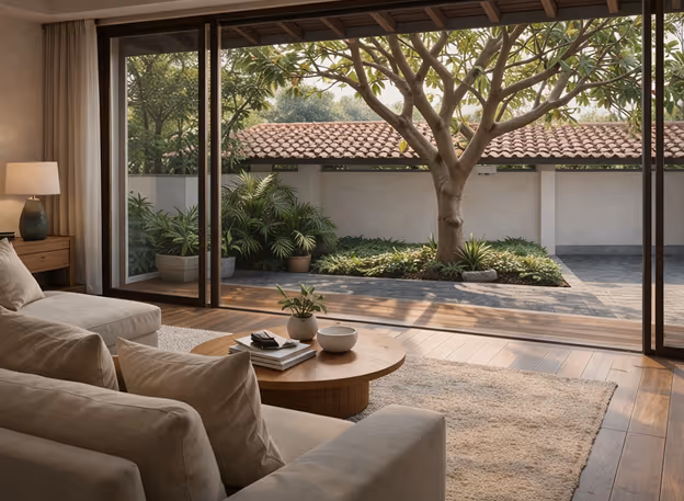 Discover Svasa Villa by Nurall. Interiors include a cozy living room with beige sofa, a wooden coffee table with plants and books, and large sliding glass doors opening to a garden with a tree and plants.