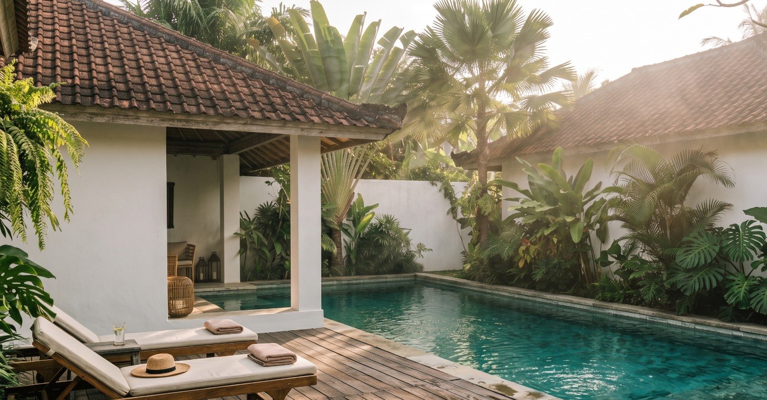 The 26-foot pool with teak sun decks