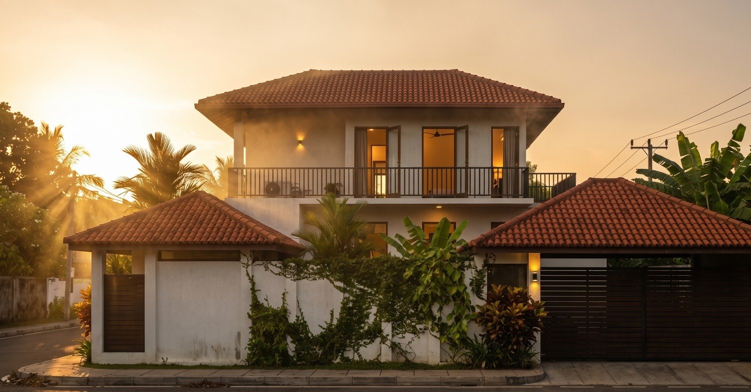 Svasa front elevation at sunset