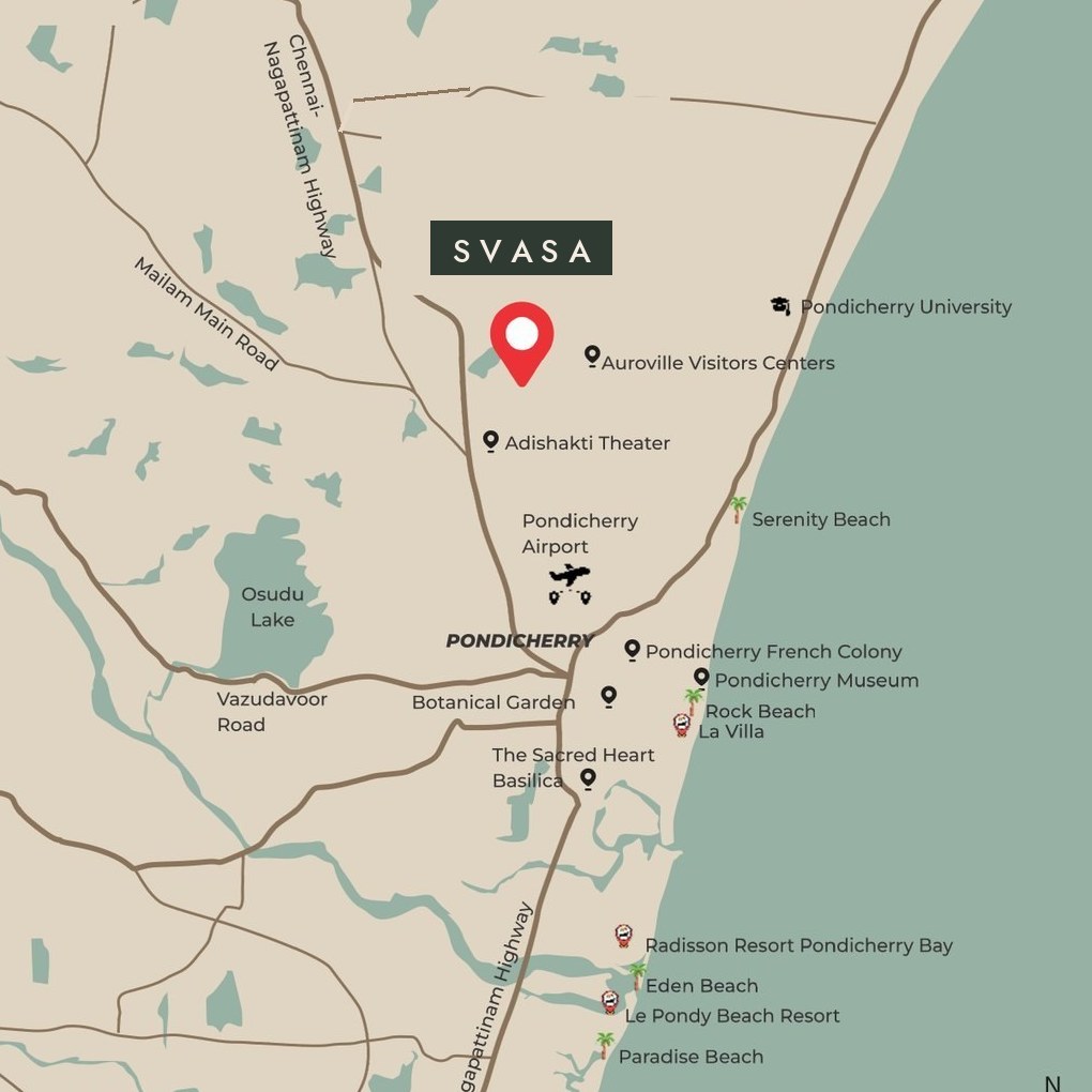 Map showing Svasa near Auroville, Pondicherry and the East Coast Road