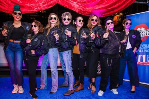 First Preview with Cast and Playwright. From left to right, standing with aviator glasses and matching bomber jackets: Lilli Cooper, Rachel Dratch, Julianne Hough, Julie White, Suzy Nakamura, Vanessa Williams, Lea DeLaria, Selina Fillinger.