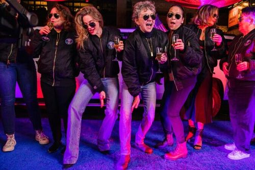 First preview cast celebration with(left to right) Lilli Cooper, Rachel Dratch, Julianne Hough, Julie White, Suzy Nakamura, Vanessa Williams, and Lea DeLaria. All are joyful.