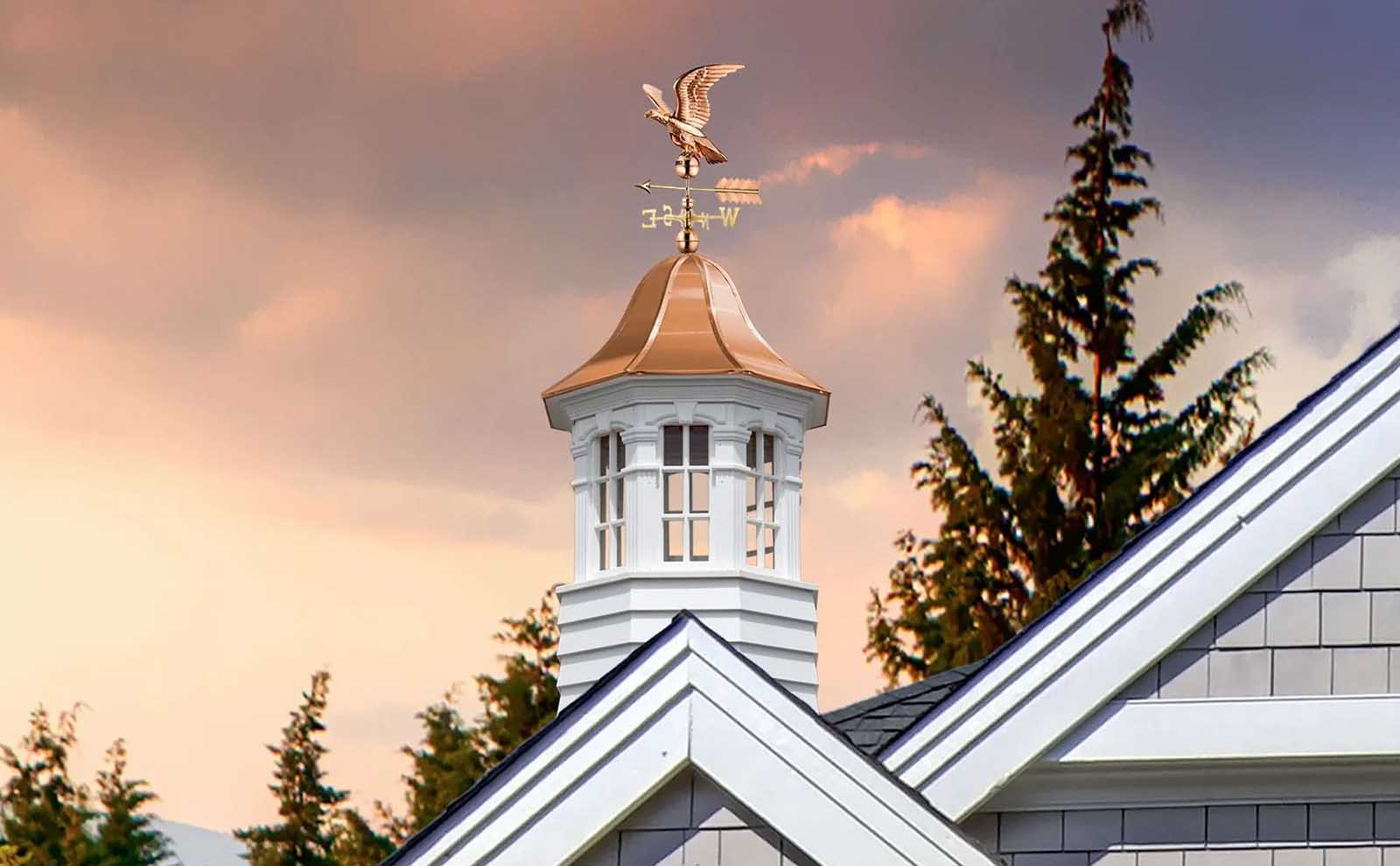 Signature Yarmouth cupola capped with a copper roof and featuring rounded vertical windows, finished with an eagle weathervane for patriotic appeal in Millersburg, OH.