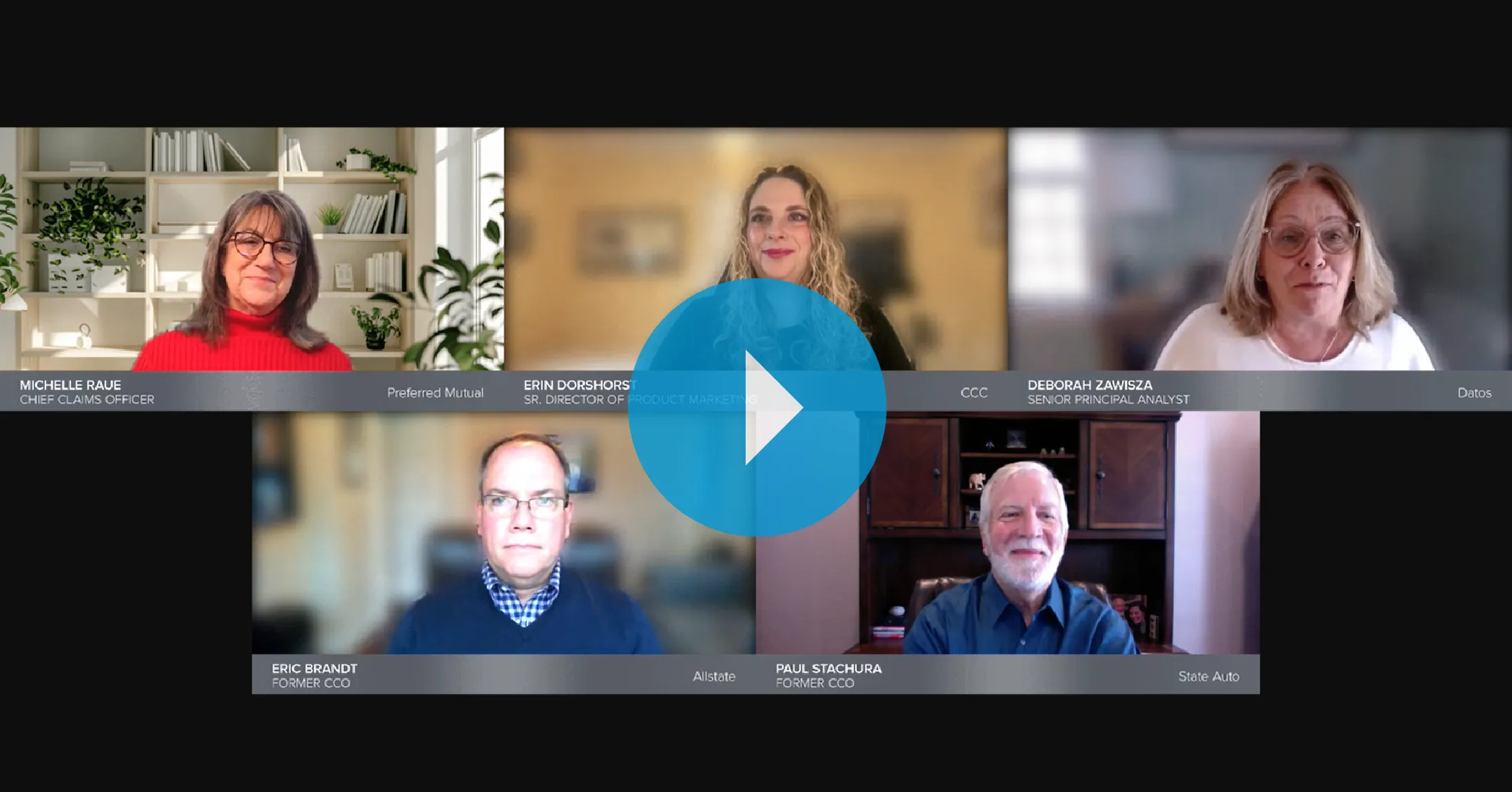 Virtual webinar screen showing five panelists: Michelle Raue, Erin Dorshorst, Deborah Zawisza, Eric Brandt, and Paul Stachura, each in separate video frames with their titles and company names.