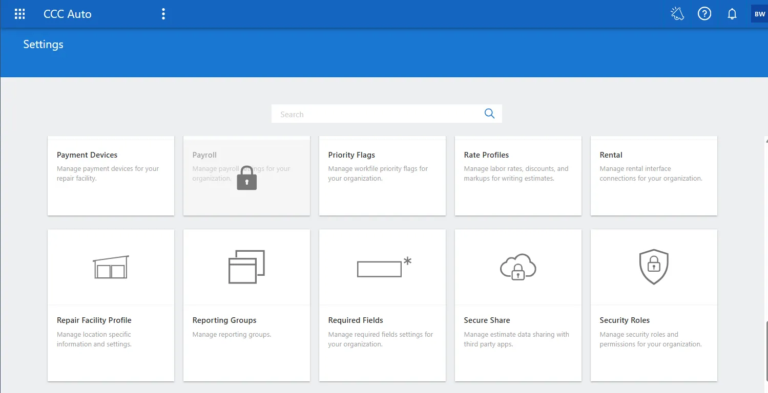 CCC Auto settings dashboard showing options like Payment Devices, Payroll locked, Priority Flags, Rate Profiles, Rental, Repair Facility Profile, Reporting Groups, Required Fields, Secure Share locked, and Security Roles.