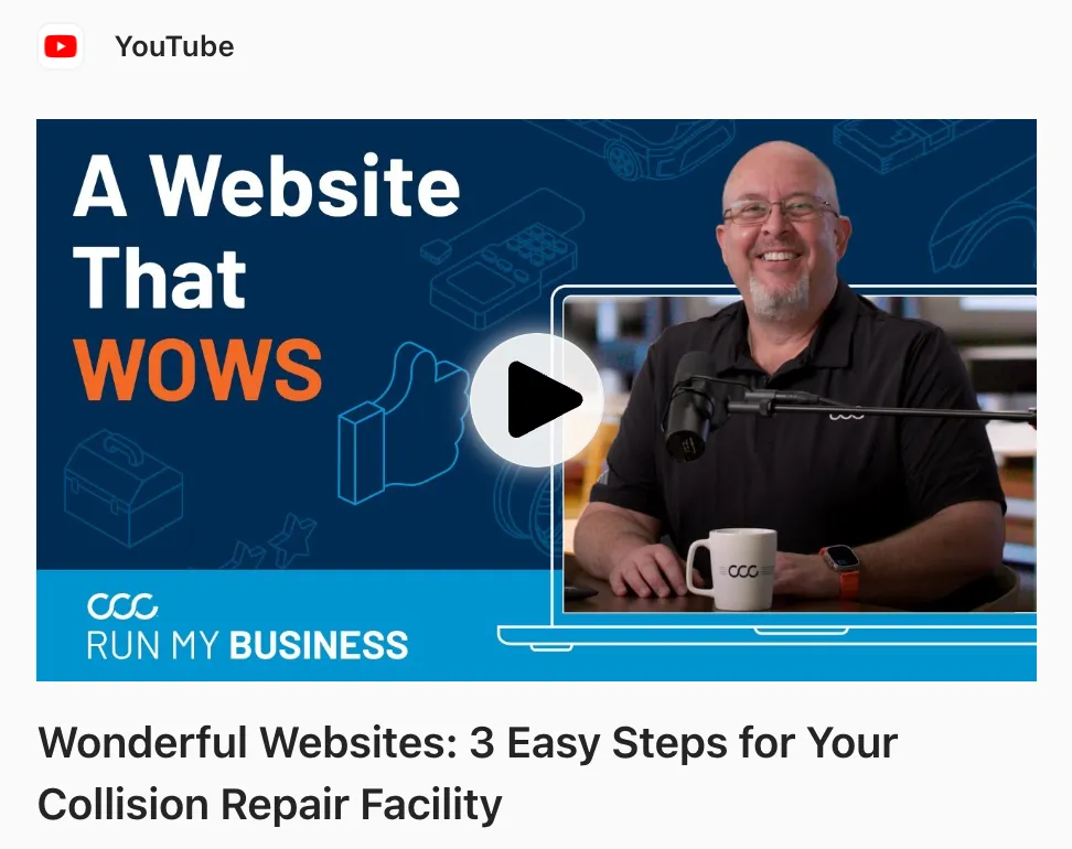 YouTube video thumbnail with man smiling behind a microphone and text reading 'A Website That Wows' and 'Run My Business'.